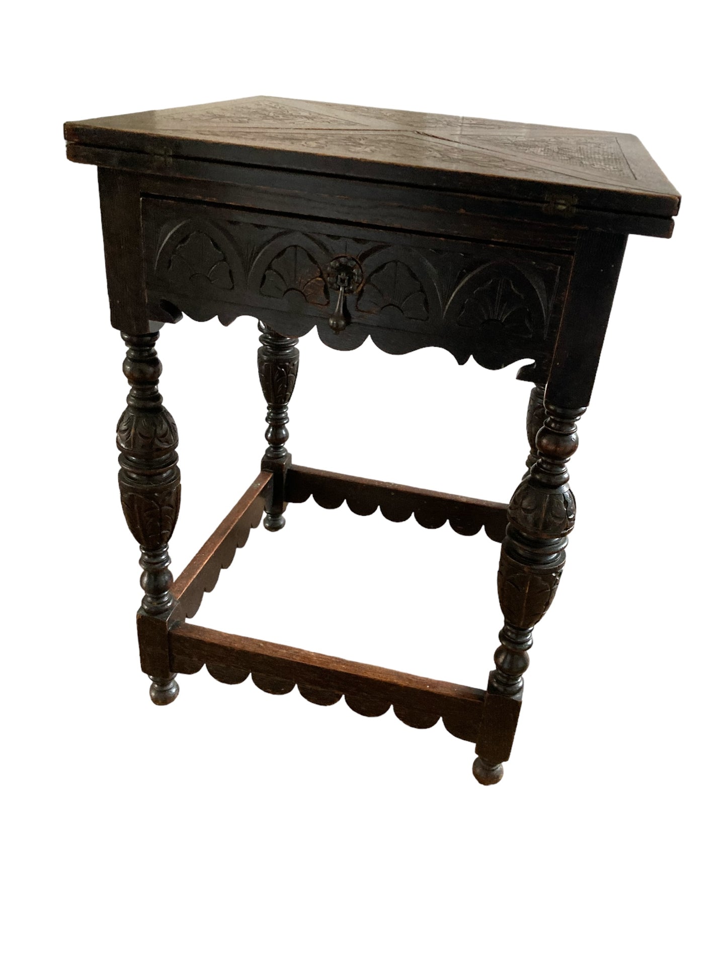 Antique Carved Oak Envelope card Table with Single Drawer and gaming wells.