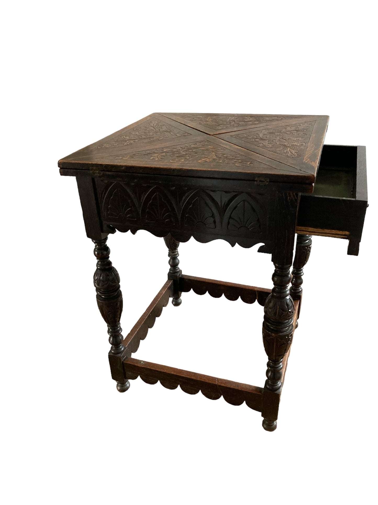 Antique Carved Oak Envelope card Table with Single Drawer and gaming wells.