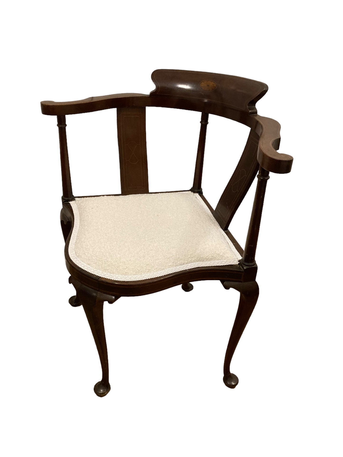 Edwardian Corner Chair Inlaid Backrest on Cabriole Legs and Reupholstered Boucle Fabric