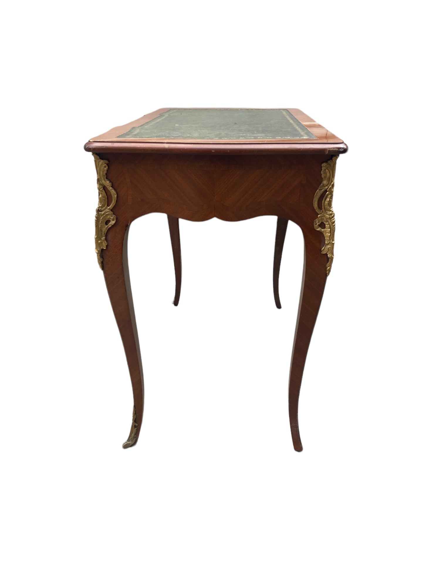 French Louis XV Style writing Desk green leather covered top ornate brass moldings single drawer.