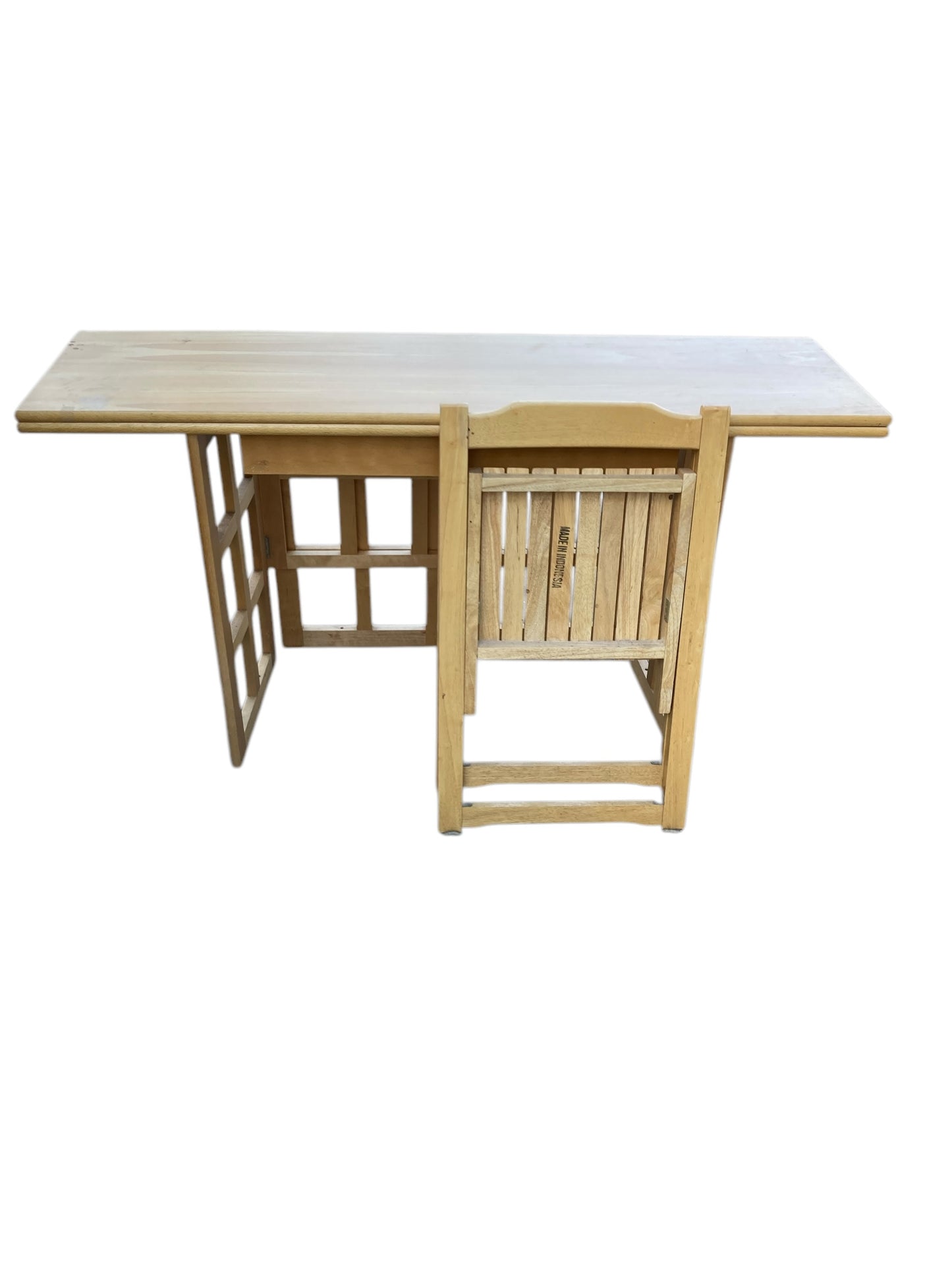 A Contemporary Folding Beechwood Desk with Two Drawers and two Folding Chairs