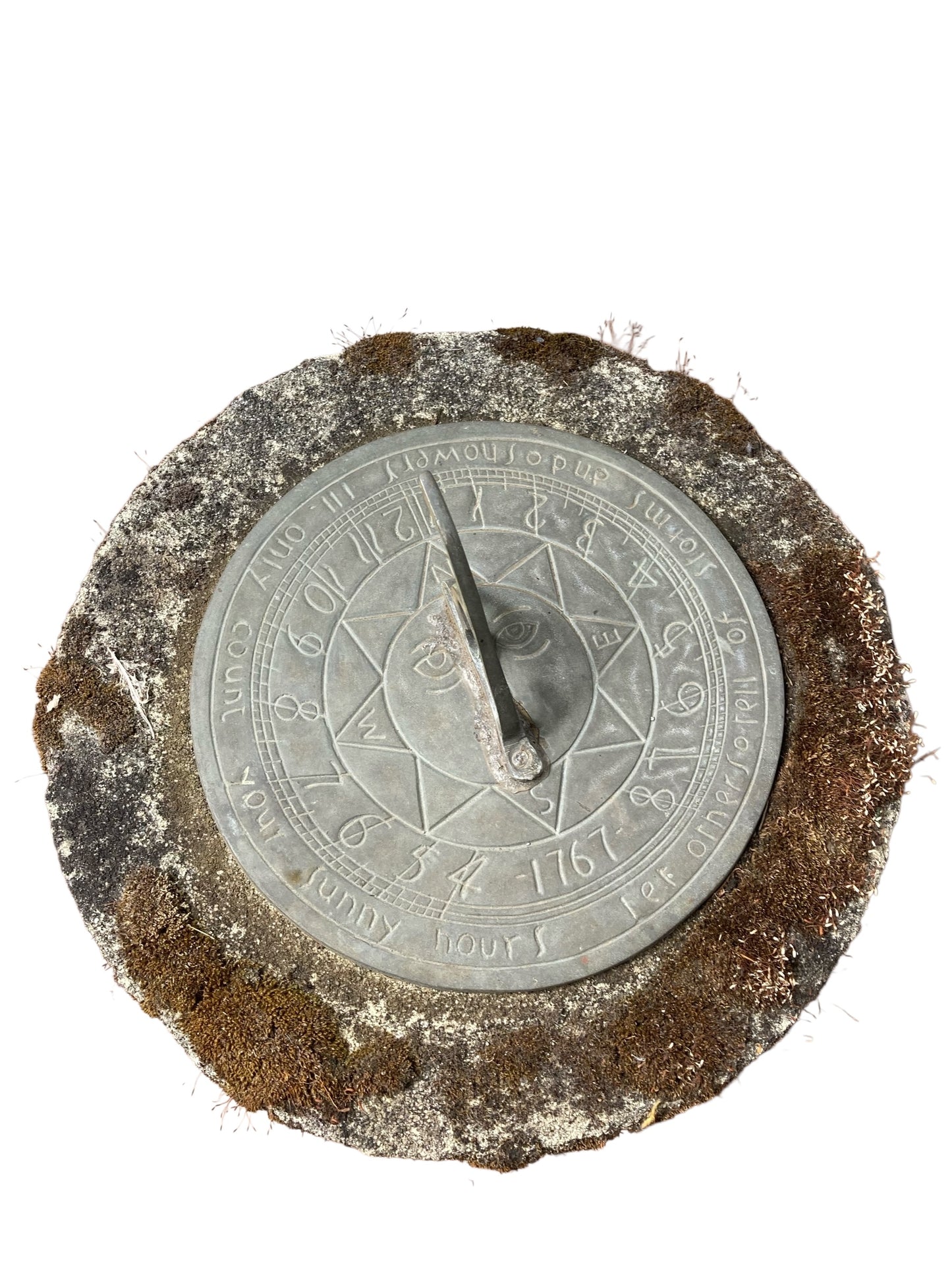Stone Sundial with Barley Twist Stlyle Column with Natural Patina Inscribed Wording on dial