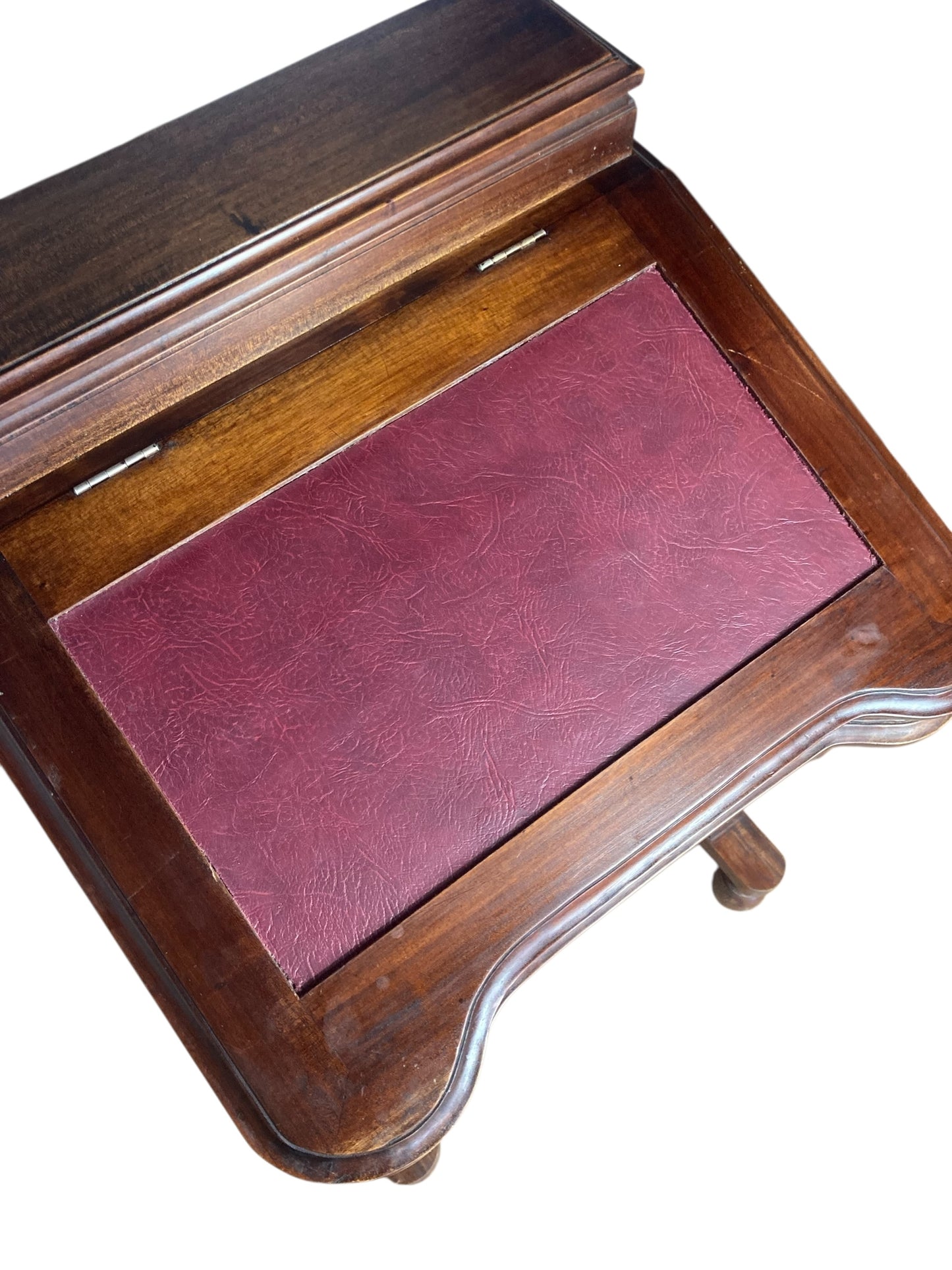 Mahogany Davenport Desk or Bureau With Faux Red Leather Sloped Writing area.