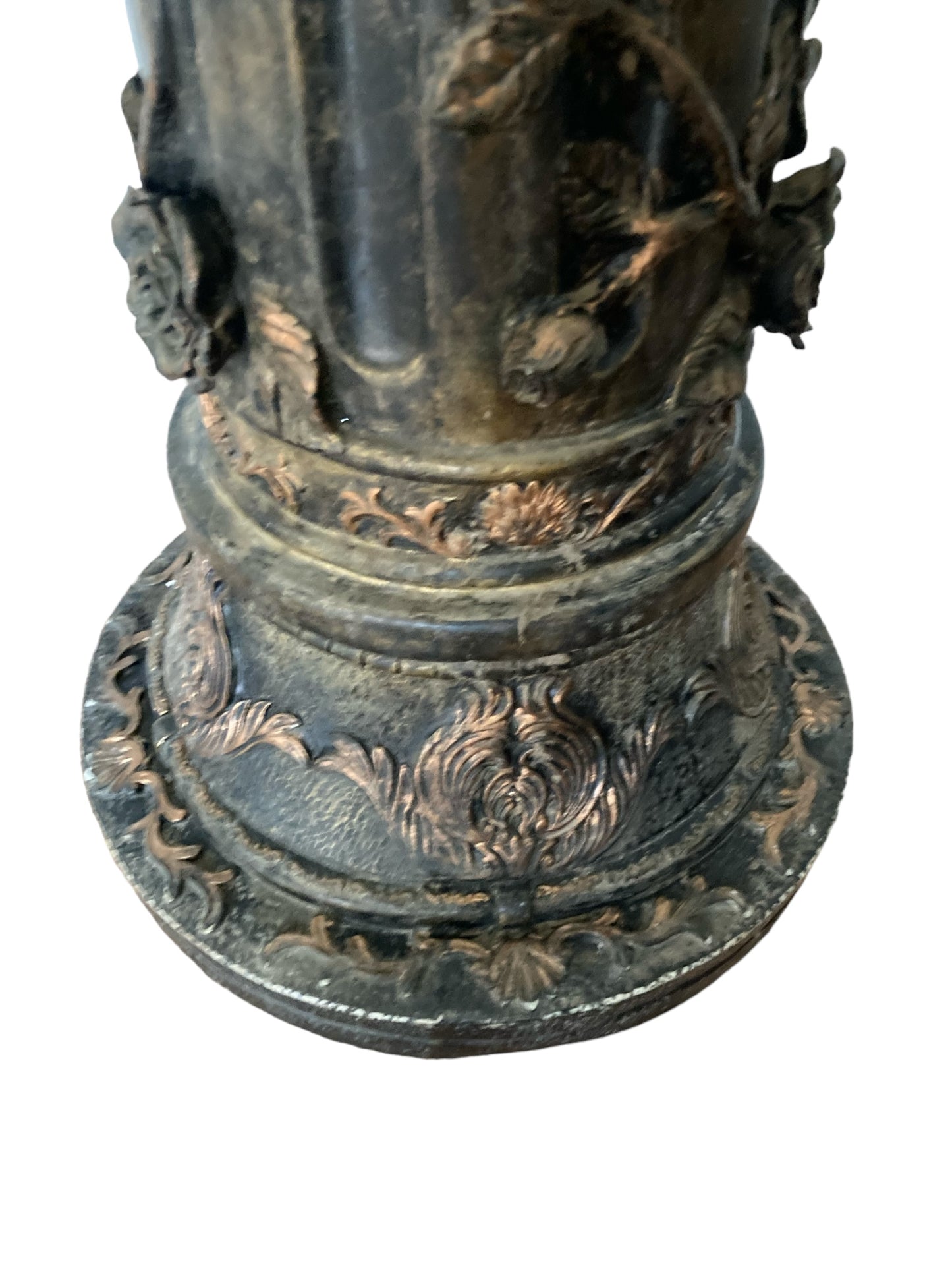 Pair of highly carved Ebonised Pedestals, Rose vine detail, Gilt deco, White marble top