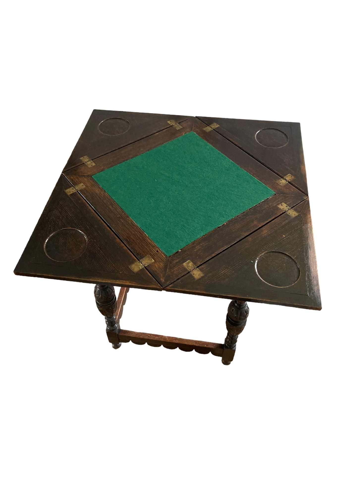 Antique Carved Oak Envelope card Table with Single Drawer and gaming wells.