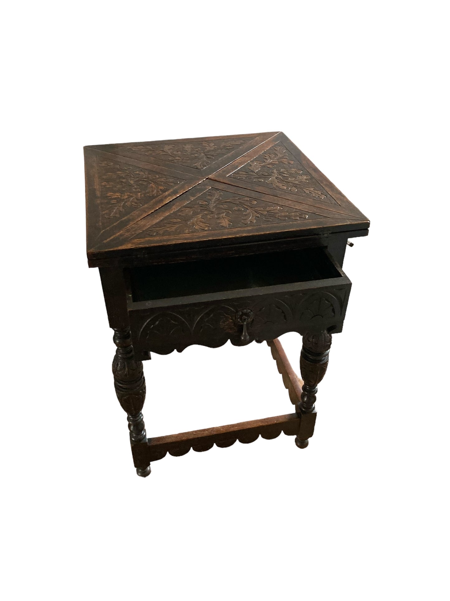 Antique Carved Oak Envelope card Table with Single Drawer and gaming wells.