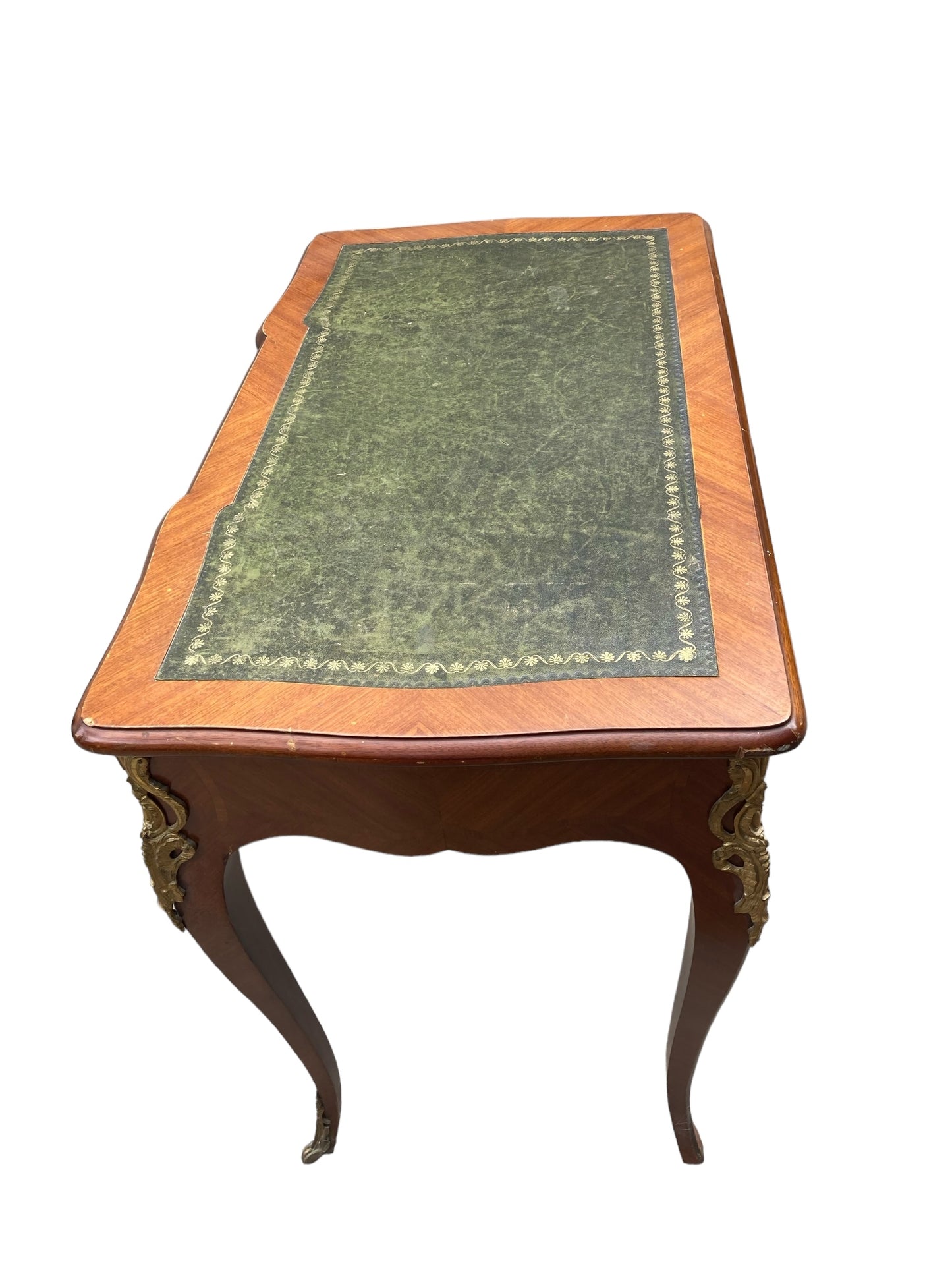 French Louis XV Style writing Desk green leather covered top ornate brass moldings single drawer.