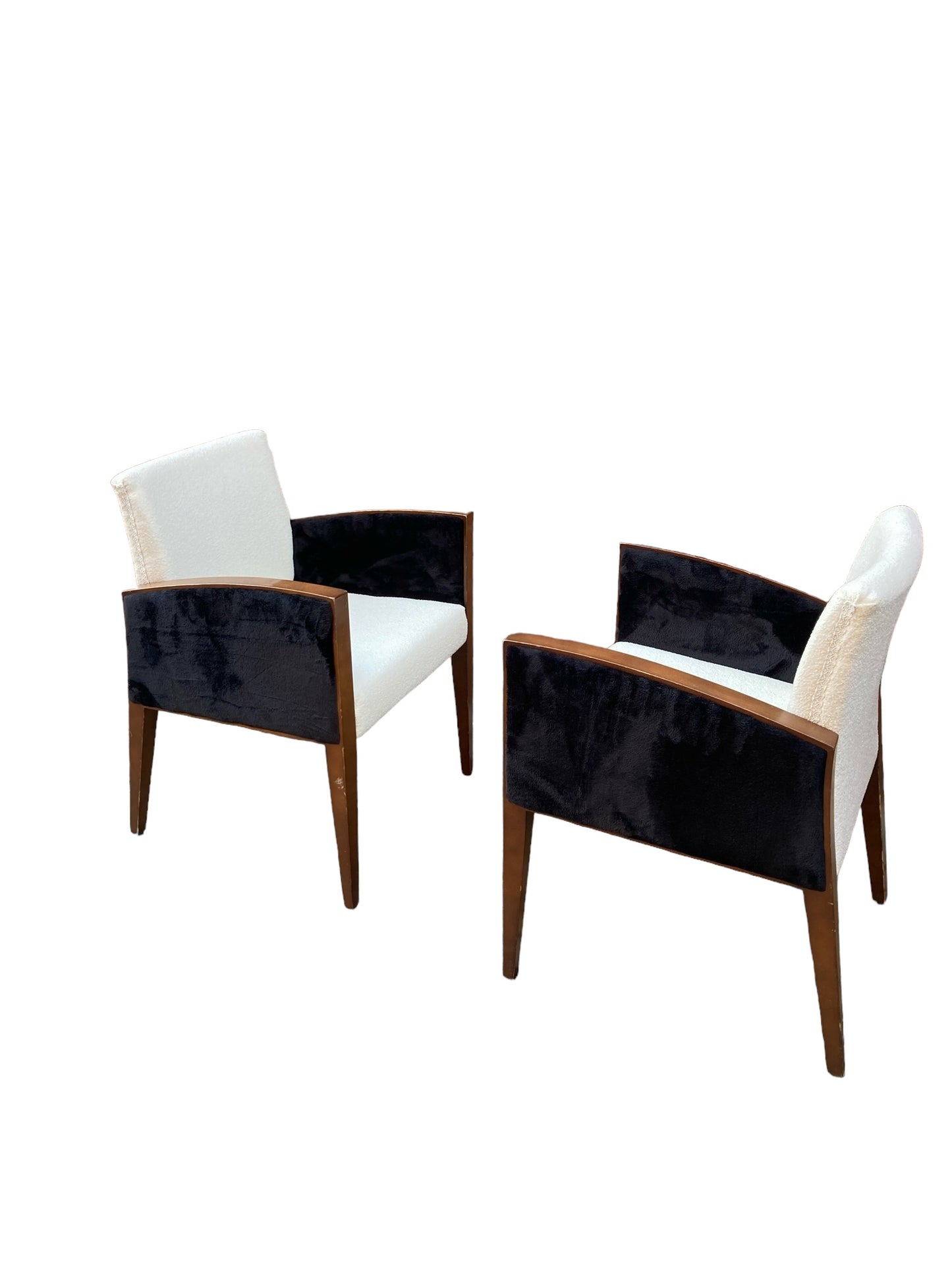 Two Art Deco Style Armchairs, White Boucle, Black Velvet Sides, Original Mahogany Frames