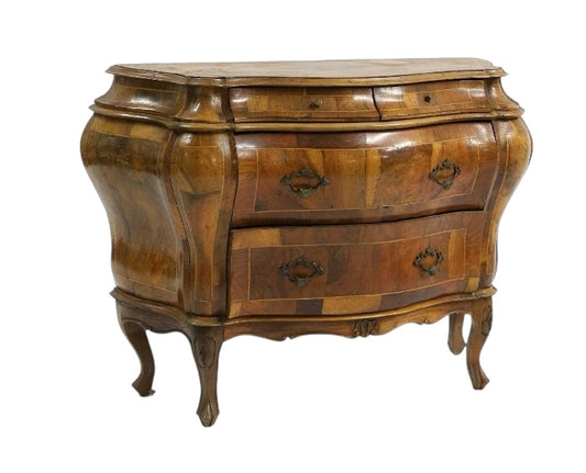 Italian Walnut Commode, chest of drawers 19th Century Bombe form