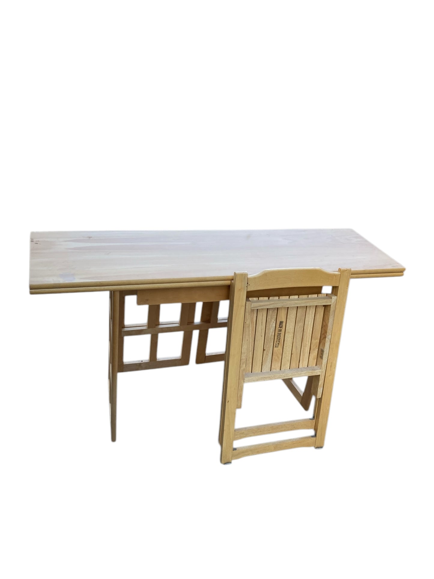 A Contemporary Folding Beechwood Desk with Two Drawers and two Folding Chairs