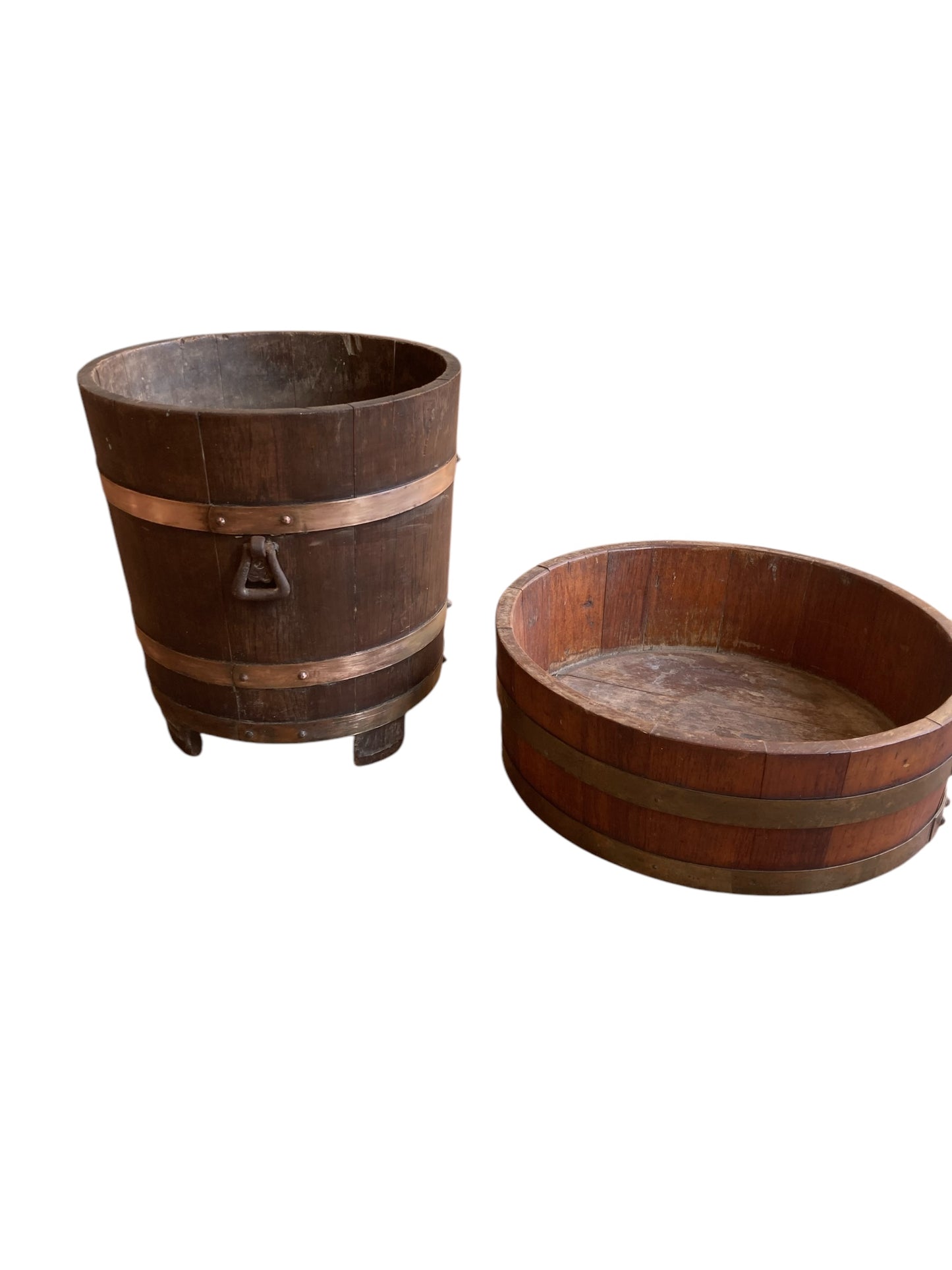Two Plant buckets Antique Oak and Brass Bucket by R A Lister Ltd & Edwardian Chestnut wood Plant Trough Barrel.