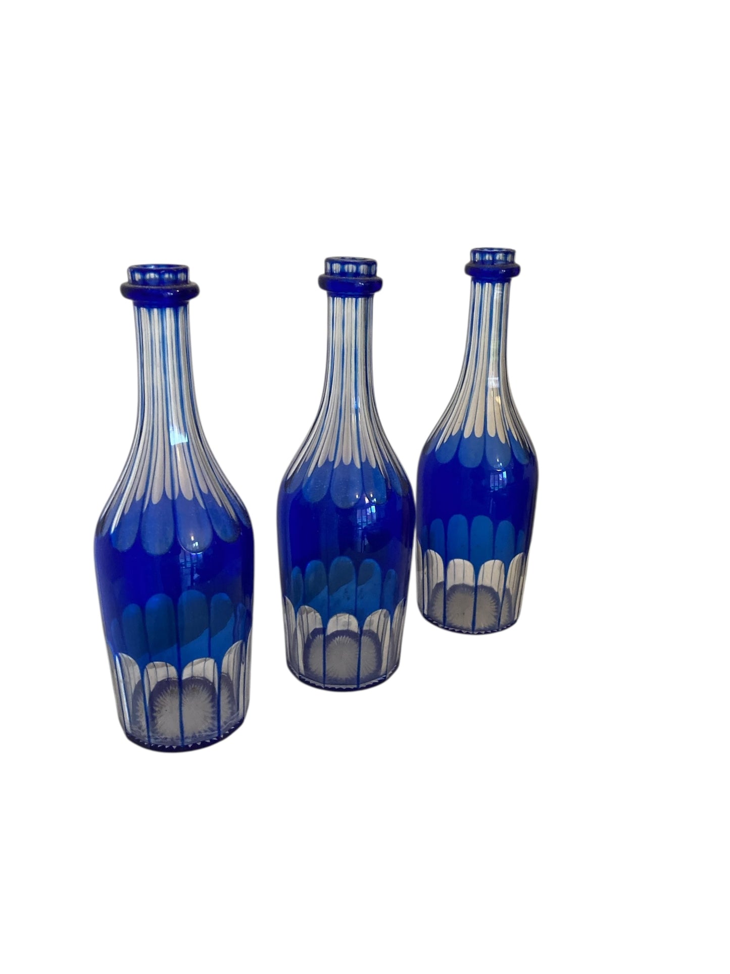 Three 19th Century Cobalt Blue Glass Decanters or Serving Bottles c1860