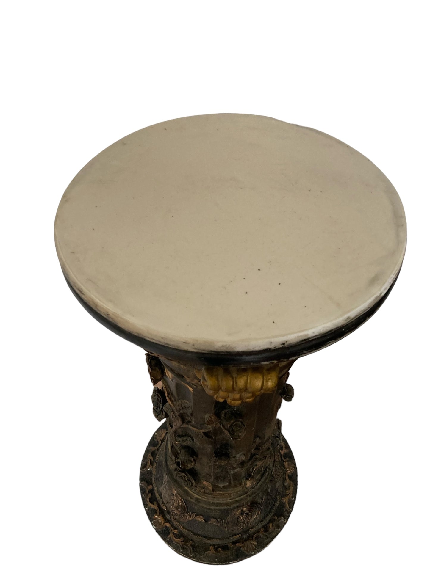 Pair of highly carved Ebonised Pedestals, Rose vine detail, Gilt deco, White marble top