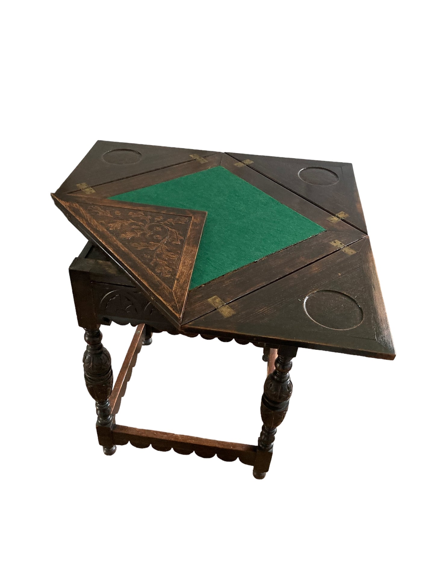 Antique Carved Oak Envelope card Table with Single Drawer and gaming wells.