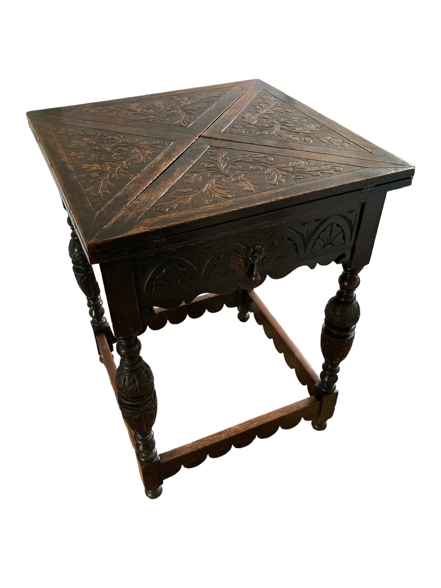 Antique Carved Oak Envelope card Table with Single Drawer and gaming wells.