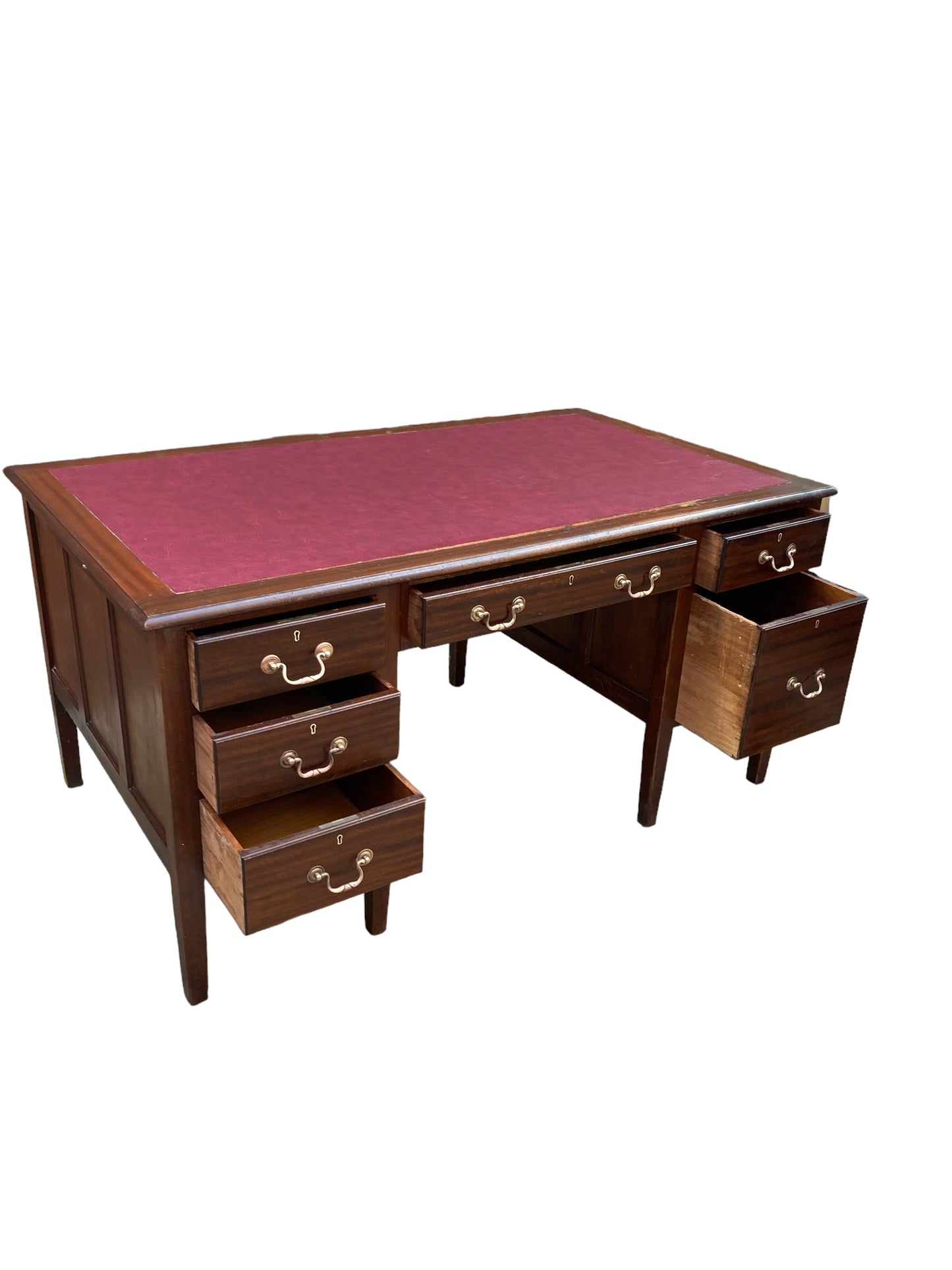 Large Mahogany Victorian Executive Desk, Ox Blood Faux Leather top