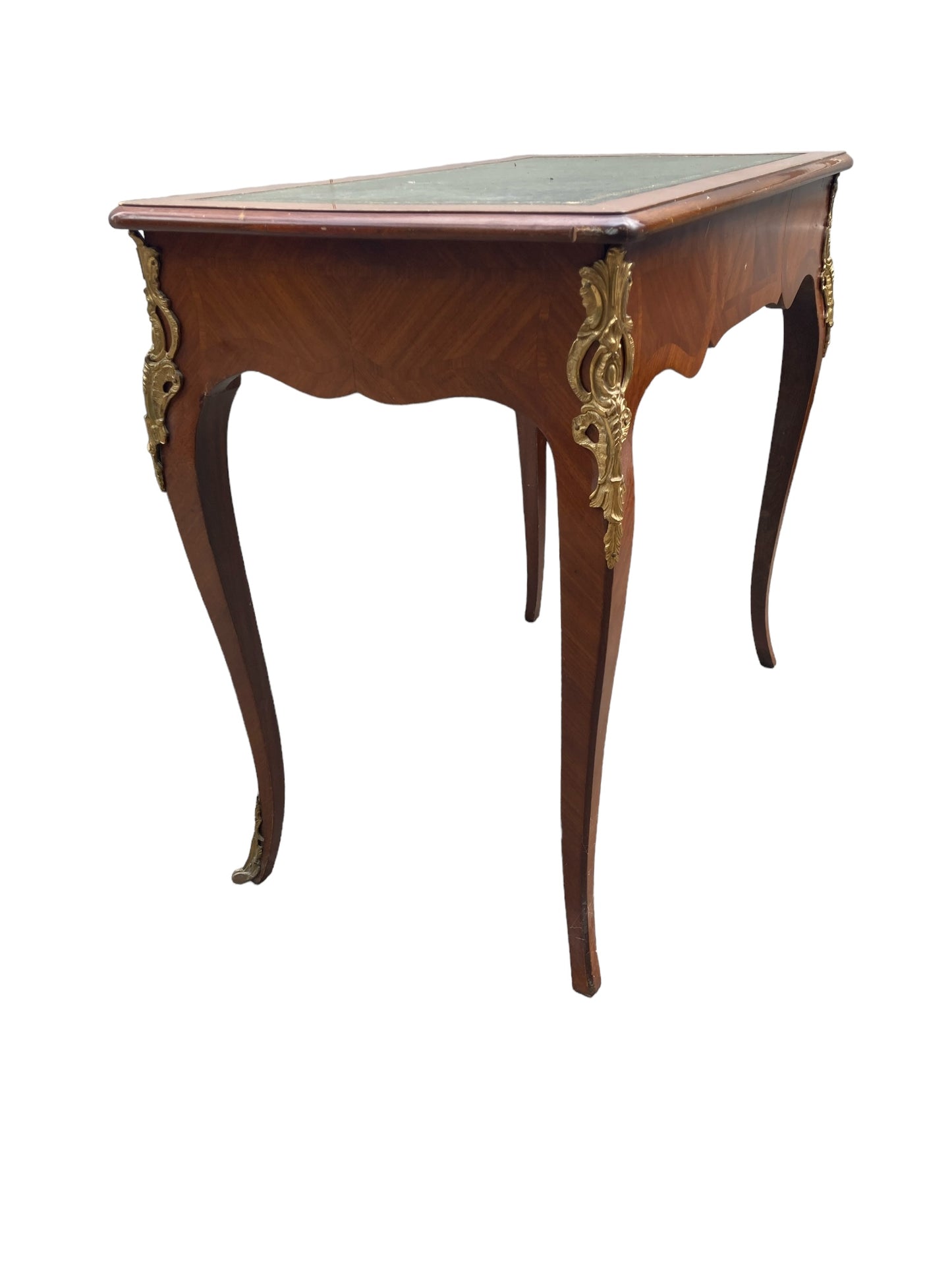 French Louis XV Style writing Desk green leather covered top ornate brass moldings single drawer.