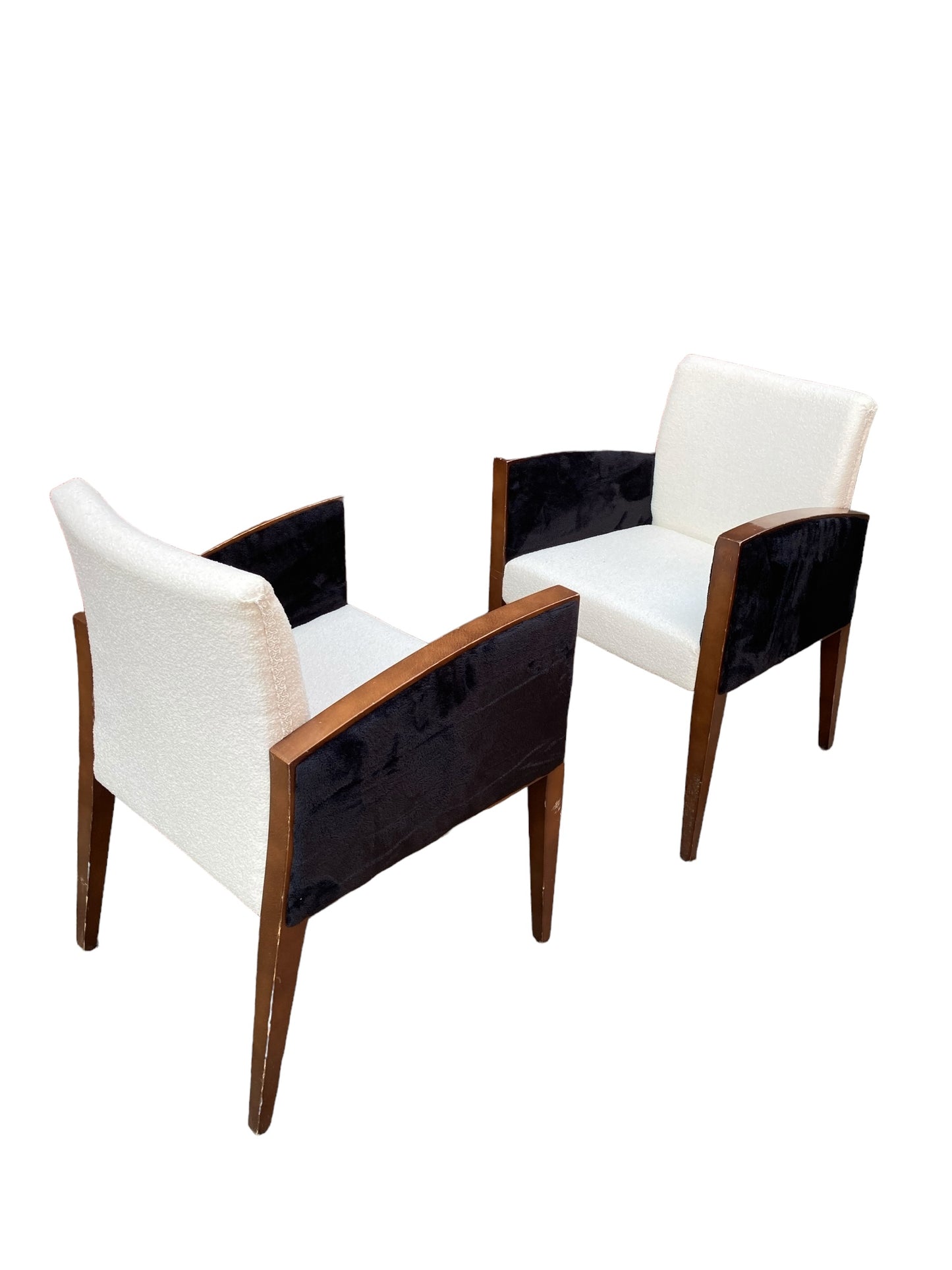 Two Art Deco Style Armchairs, White Boucle, Black Velvet Sides, Original Mahogany Frames