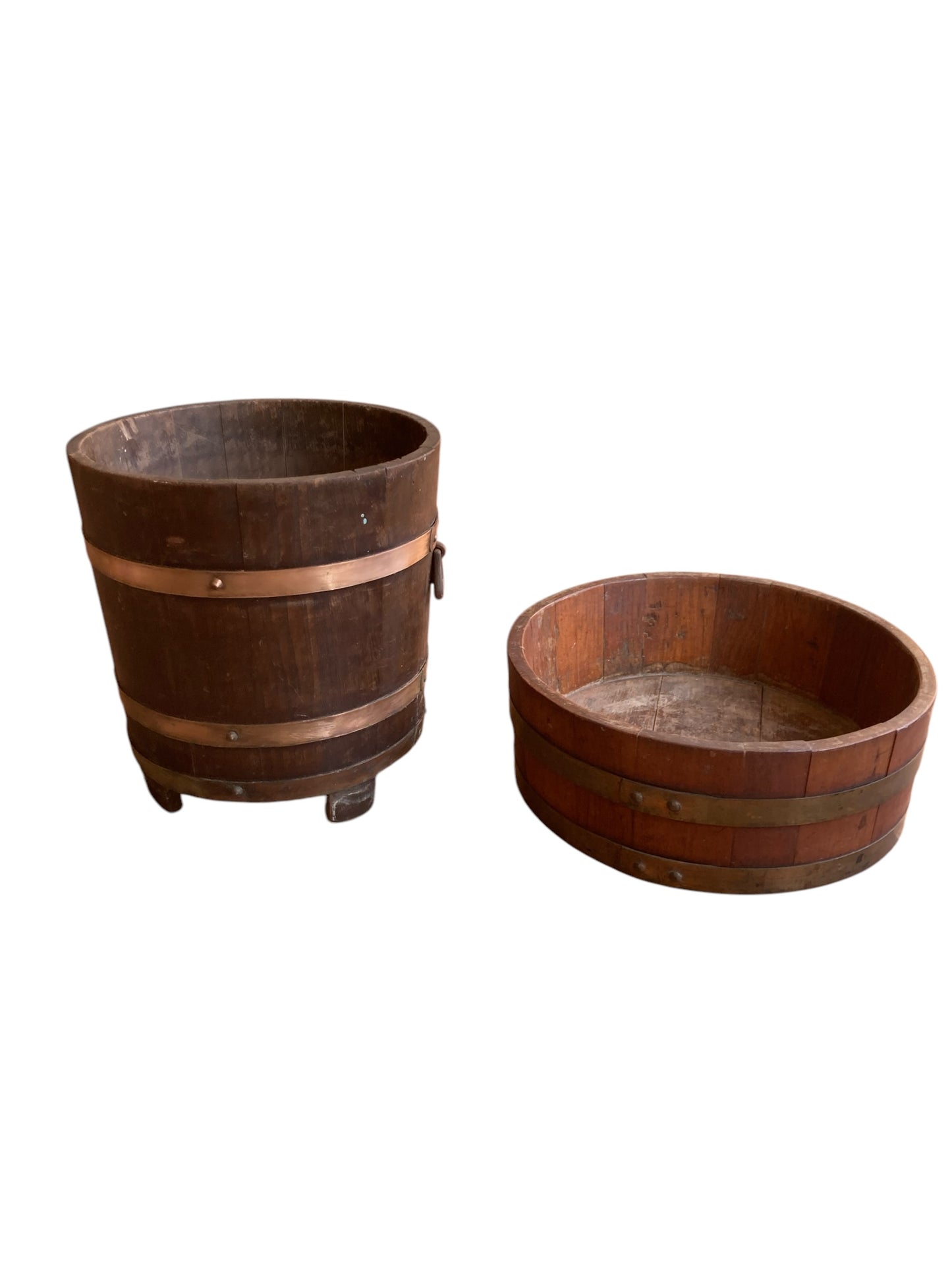 Two Plant buckets Antique Oak and Brass Bucket by R A Lister Ltd & Edwardian Chestnut wood Plant Trough Barrel.