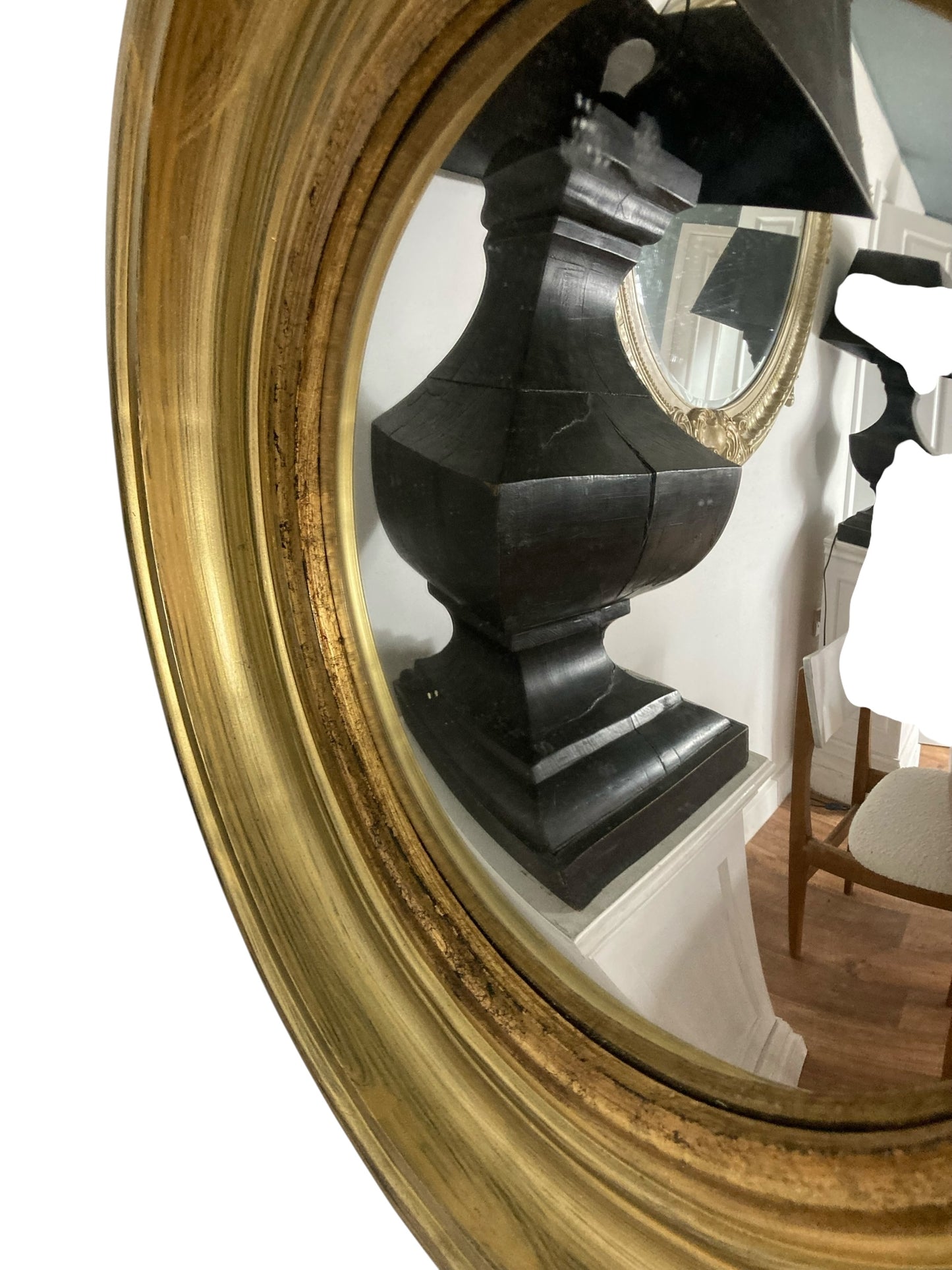 A Pair of Modern Regency Style Gold Circular Convex Mirrors with ebonsied Rim