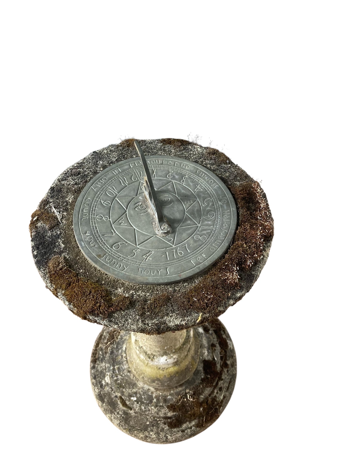 Stone Sundial with Barley Twist Stlyle Column with Natural Patina Inscribed Wording on dial