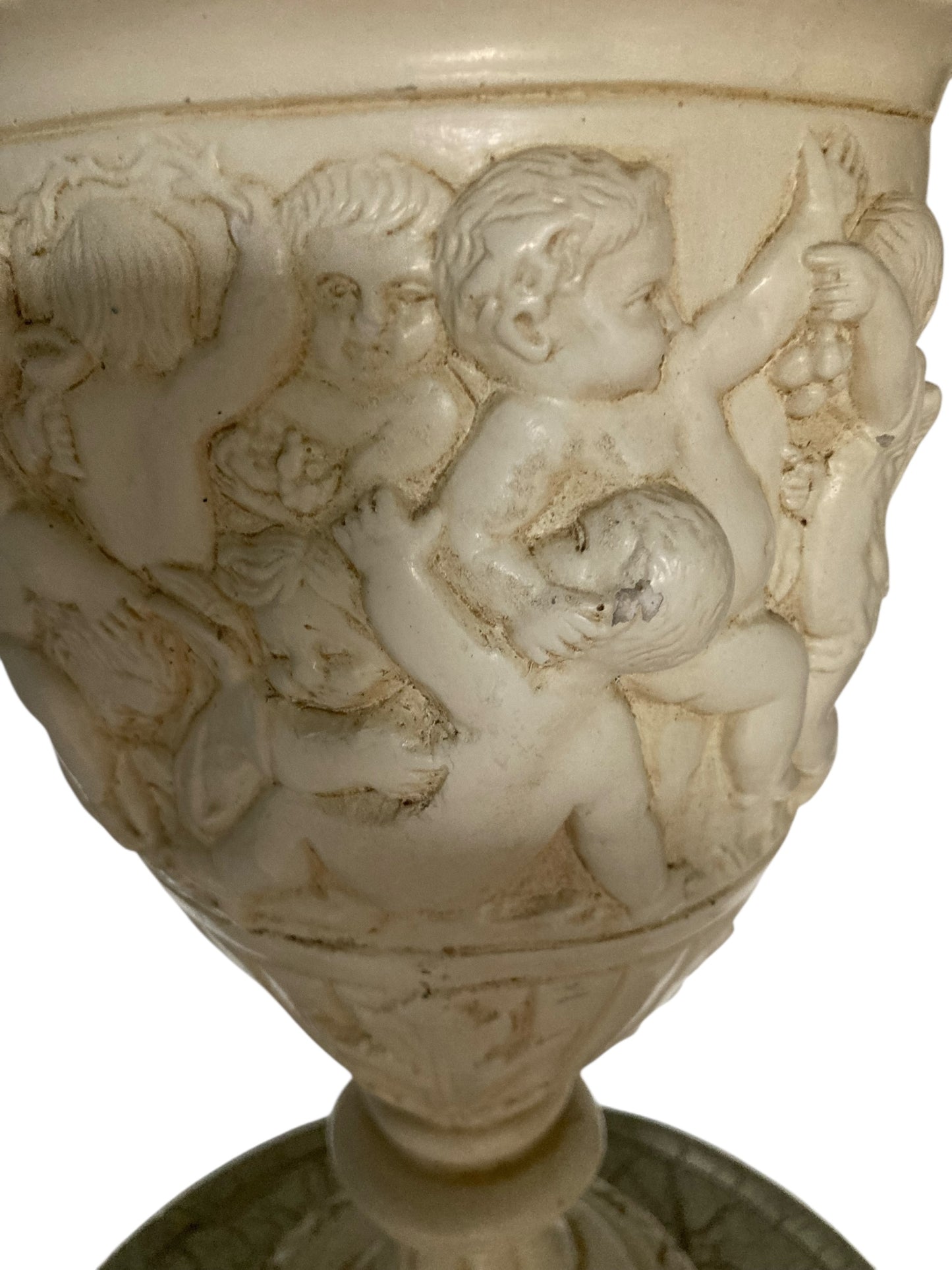Plaster moulded and decorated Cherub Lamp Circa 1930's Grey Velvet shade