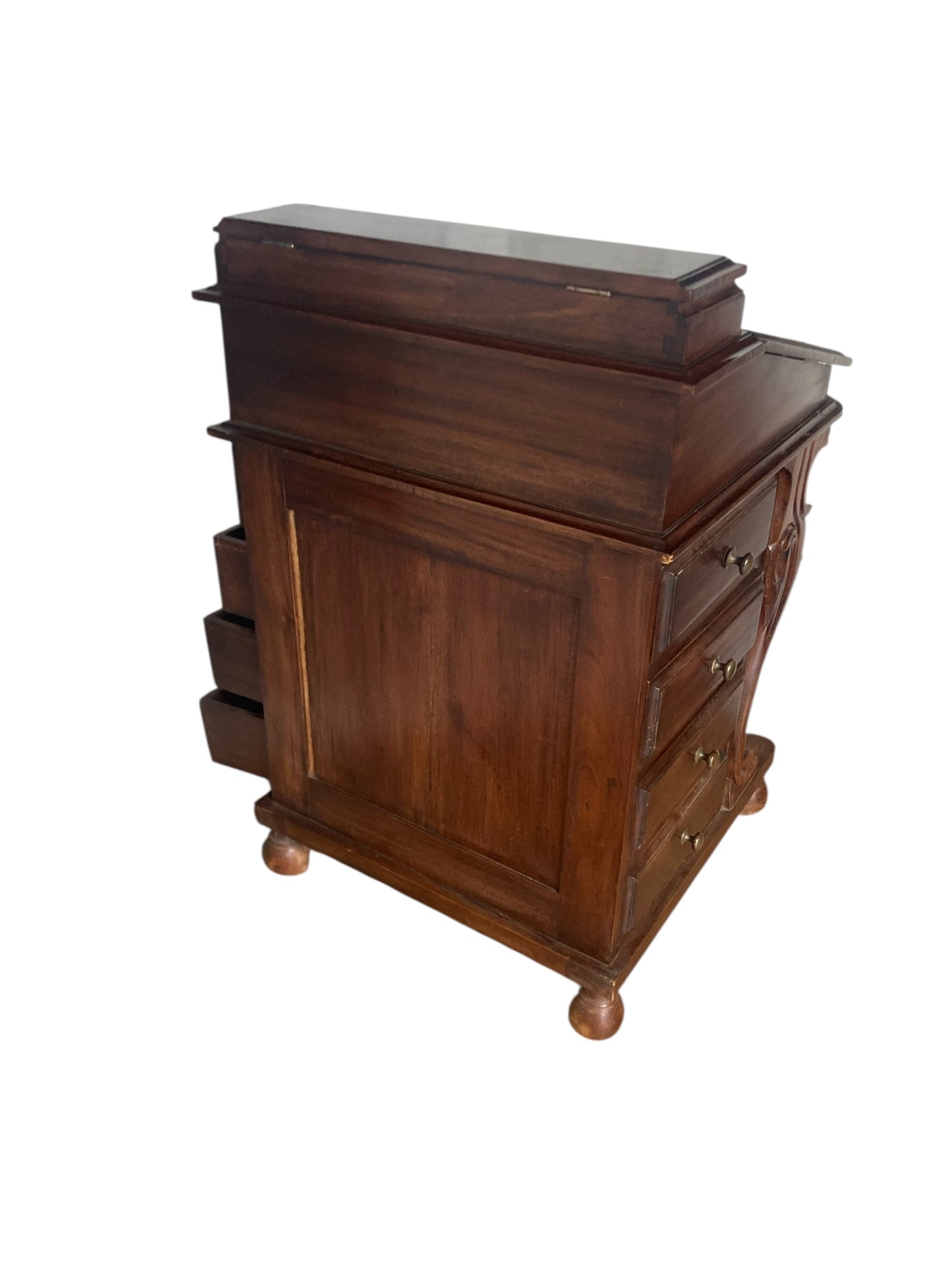 Mahogany Davenport Desk or Bureau With Faux Red Leather Sloped Writing area.