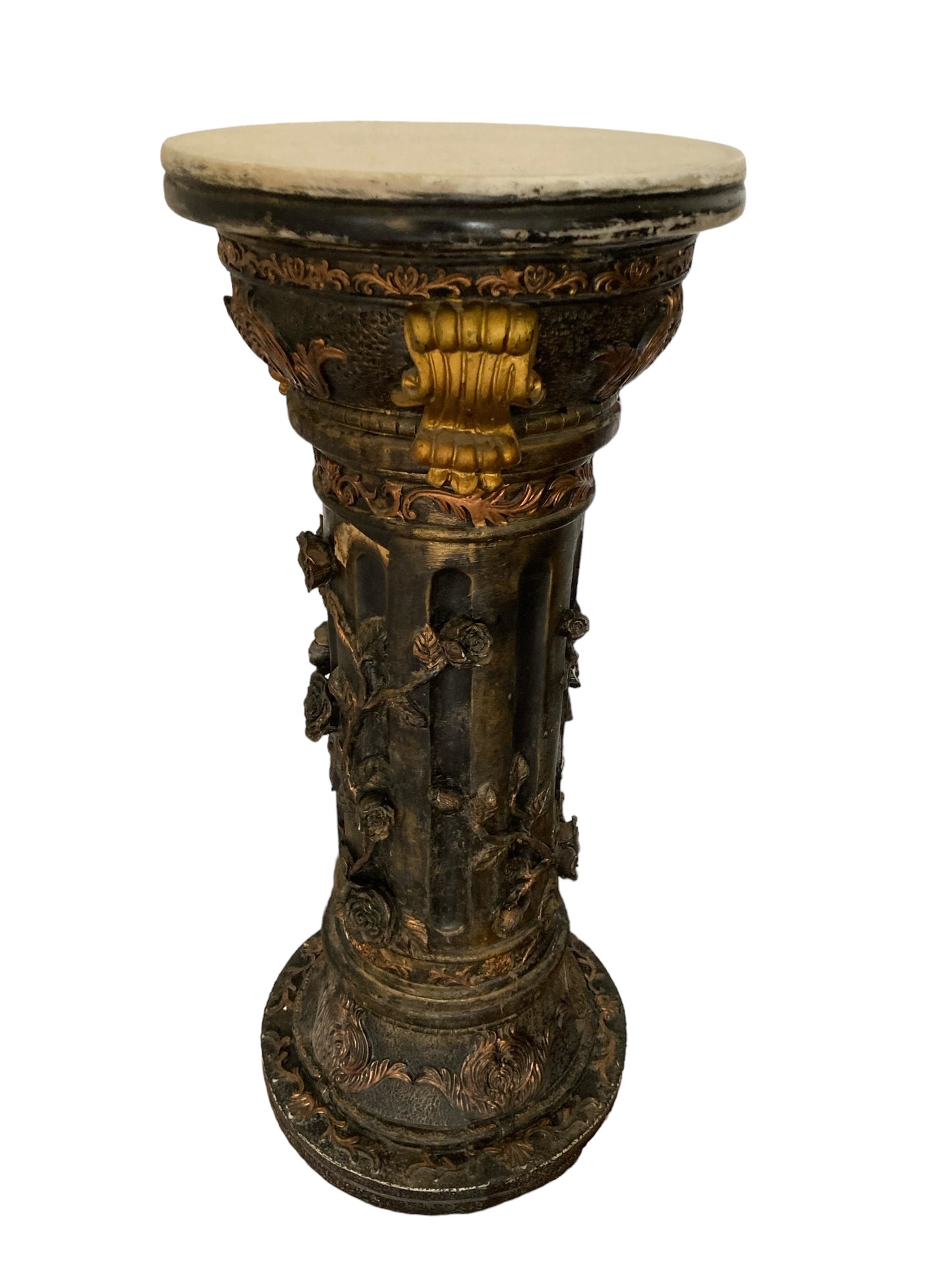 Pair of highly carved Ebonised Pedestals, Rose vine detail, Gilt deco, White marble top