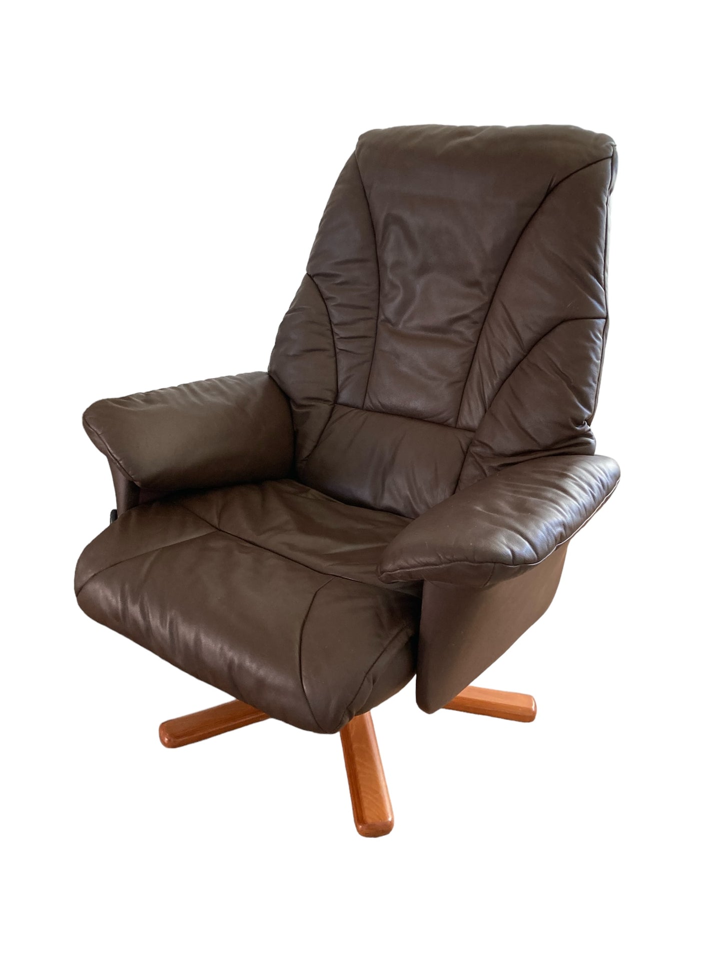 Danish style vintage swivel chair, upholstered in in Dark Brown Faux leather, 1970s.