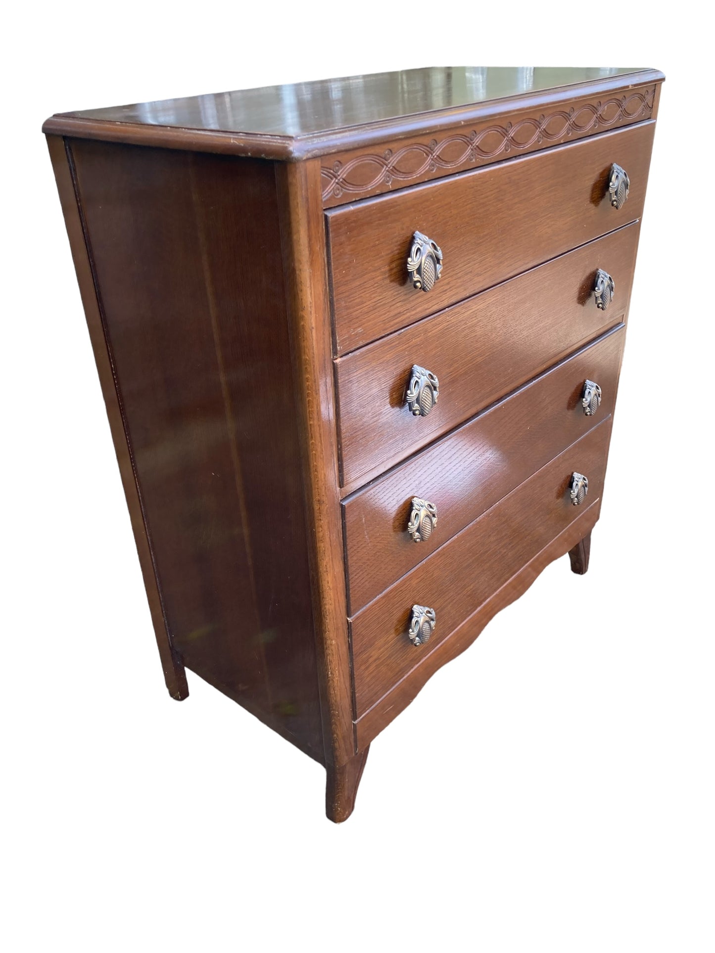 A Mid Century Harris Lebus Style Chest of Drawers Art Deco style handles.