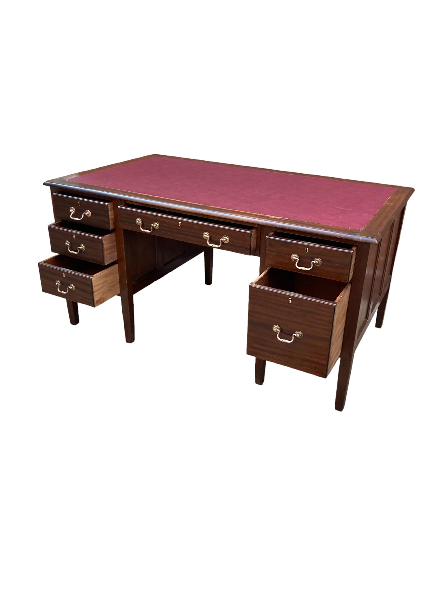 Large Mahogany Victorian Executive Desk, Ox Blood Faux Leather top