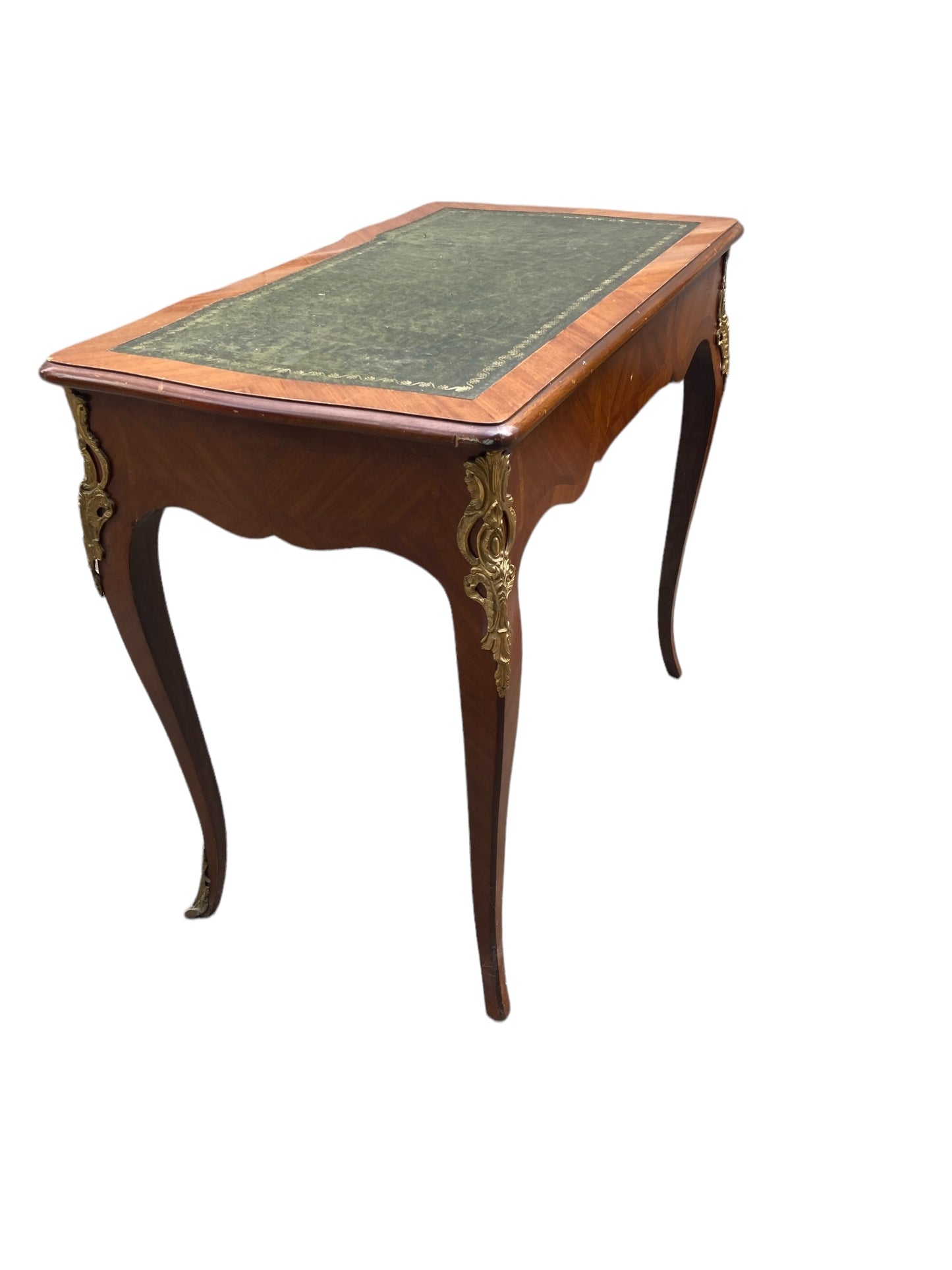 French Louis XV Style writing Desk green leather covered top ornate brass moldings single drawer.