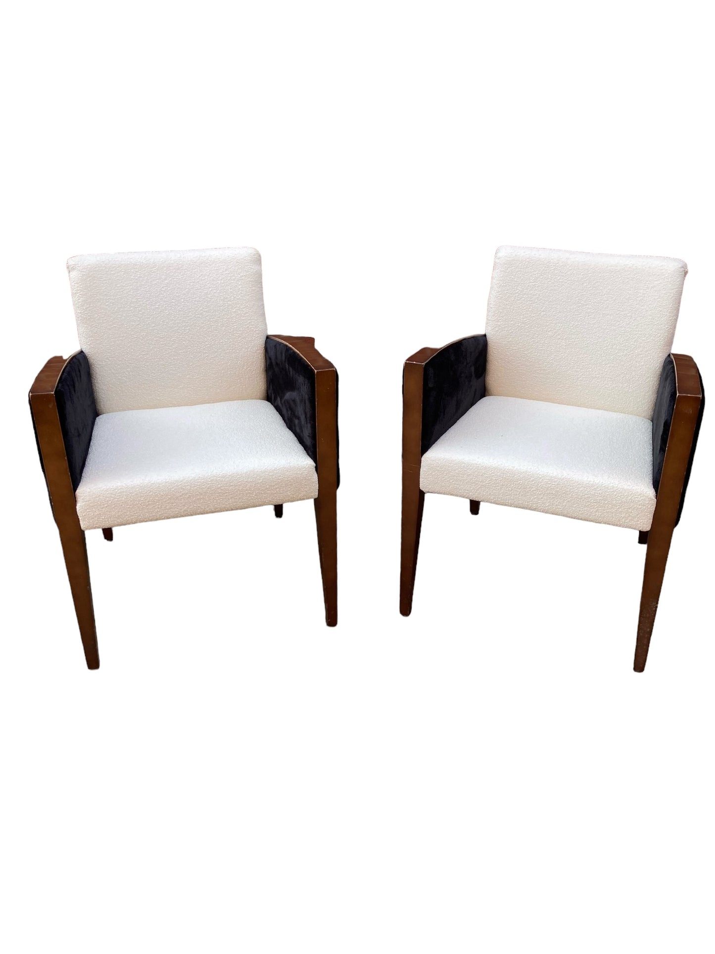 Two Art Deco Style Armchairs, White Boucle, Black Velvet Sides, Original Mahogany Frames