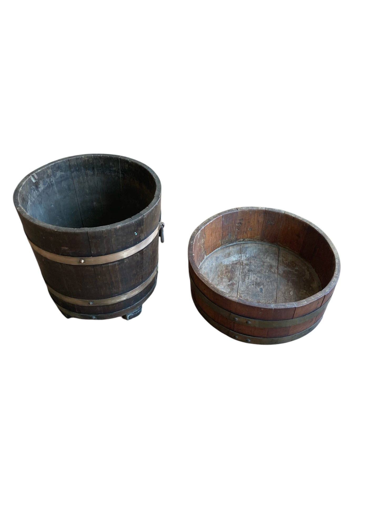 Two Plant buckets Antique Oak and Brass Bucket by R A Lister Ltd & Edwardian Chestnut wood Plant Trough Barrel.