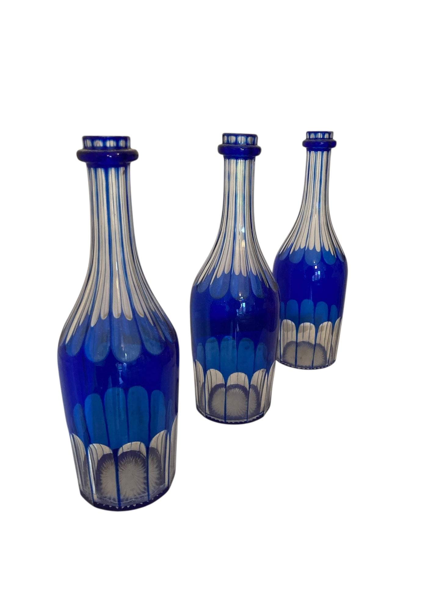 Three 19th Century Cobalt Blue Glass Decanters or Serving Bottles c1860