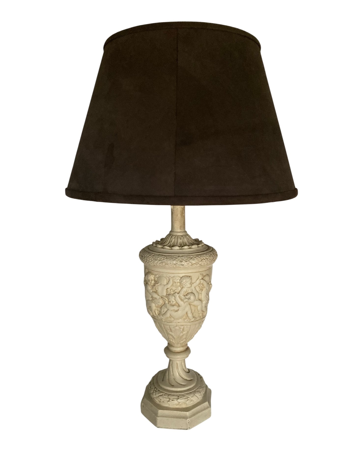 Plaster moulded and decorated Cherub Lamp Circa 1930's Grey Velvet shade