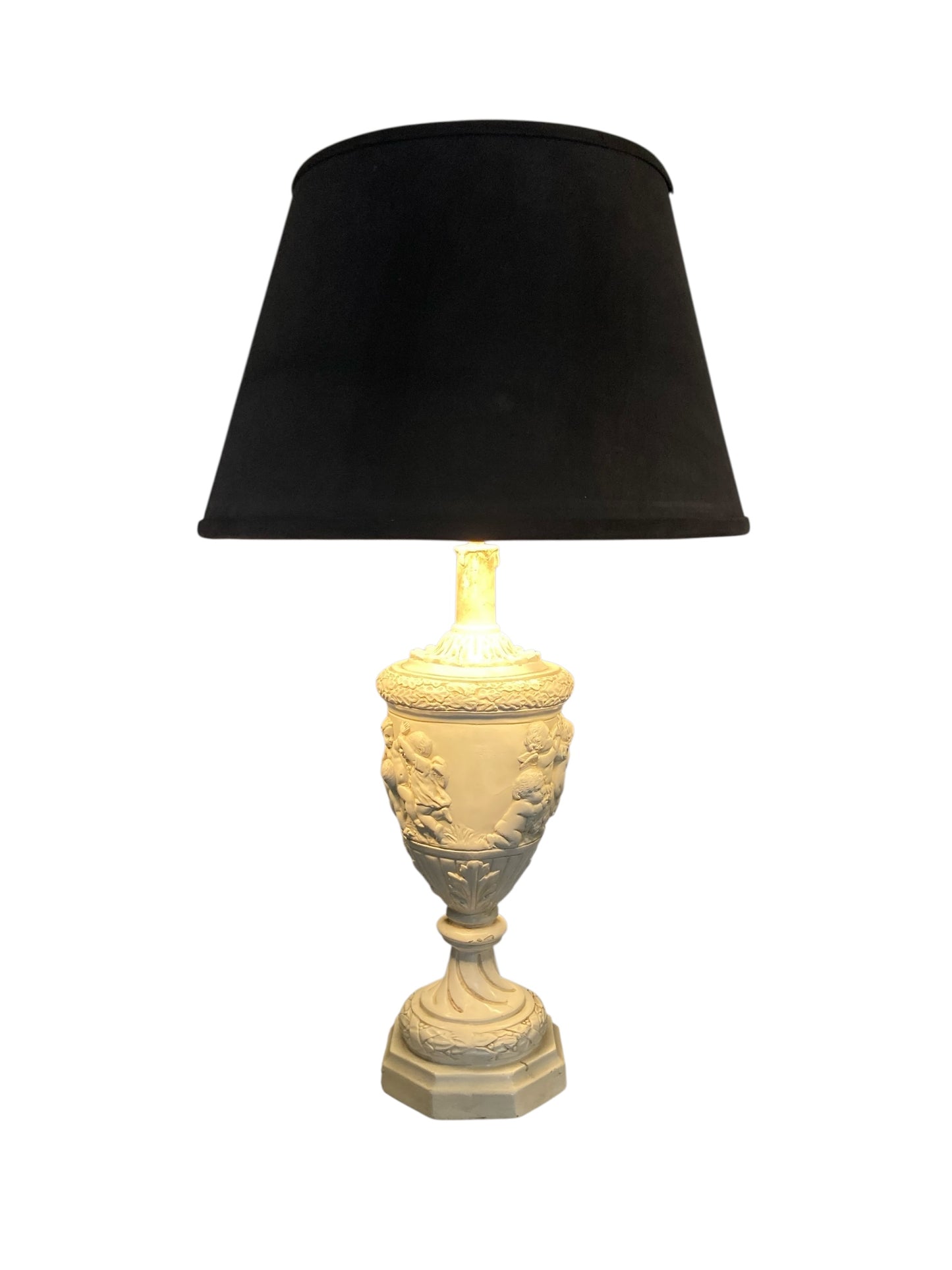 Plaster moulded and decorated Cherub Lamp Circa 1930's Grey Velvet shade