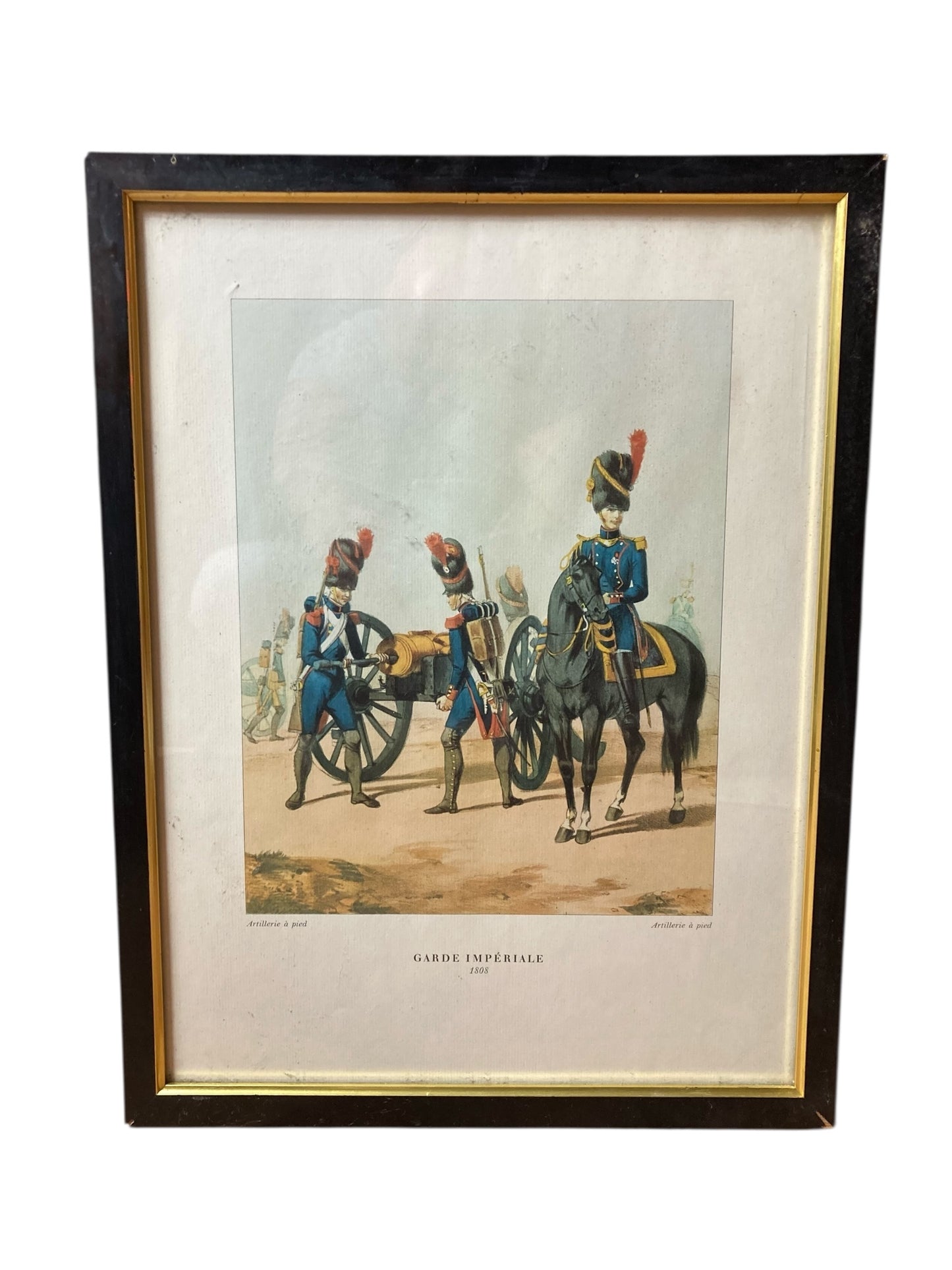 Framed print is a 20th-century reproduction of a 19th-century military illustration titled "Garde Impériale, Artillerie à pied"