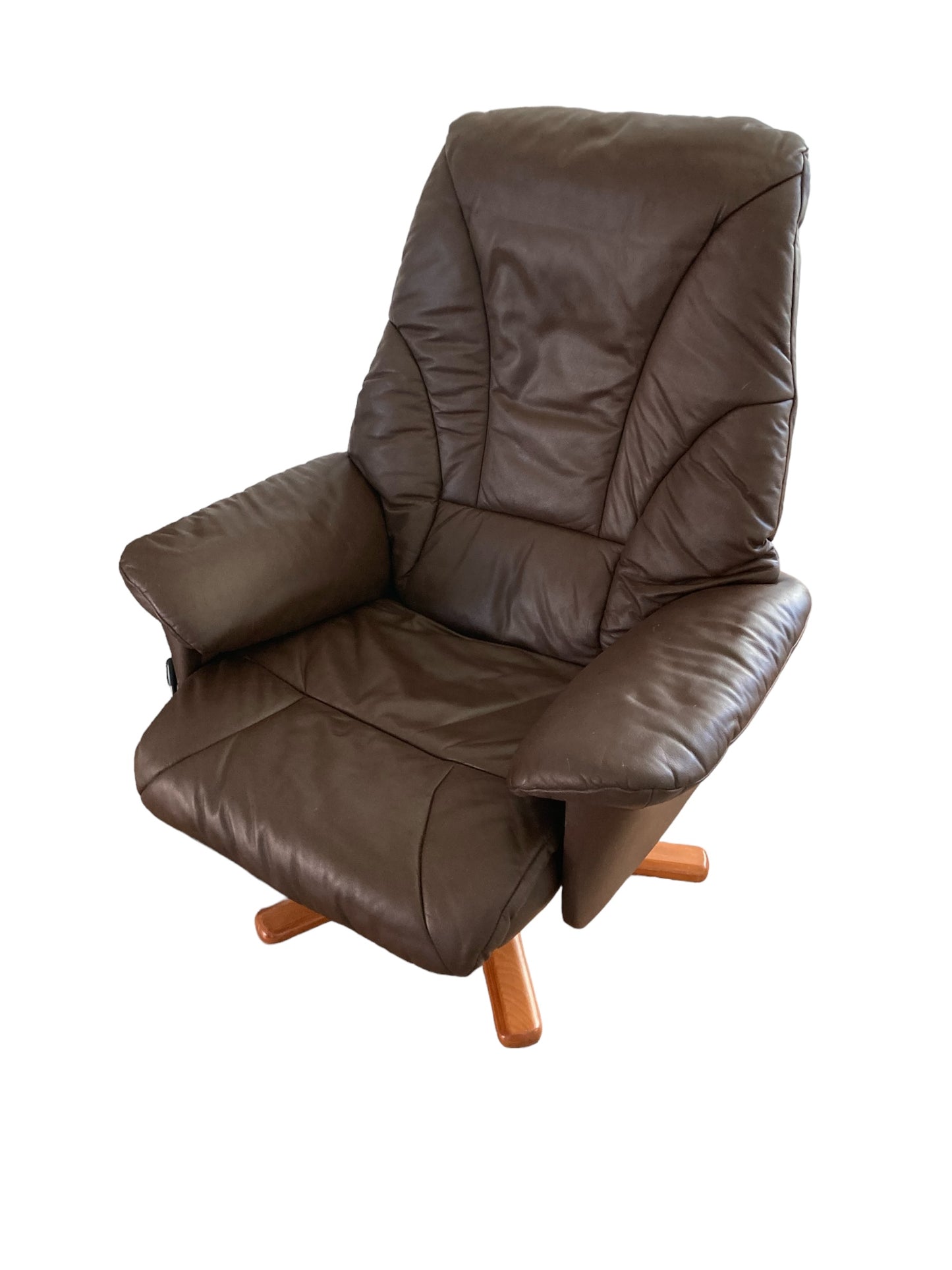 Danish style vintage swivel chair, upholstered in in Dark Brown Faux leather, 1970s.