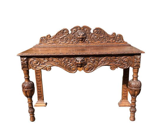 19th Century Victorian Carved Oak Sideboard or Hall Table, Lions Head Carvings