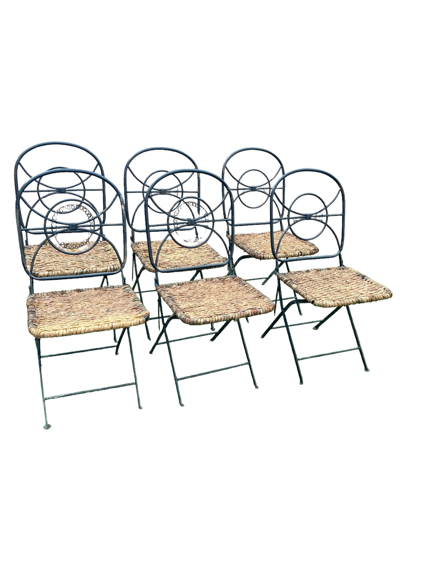 Set of 6 Vintage Folding Wrought Iron and Wicker Garden Chairs