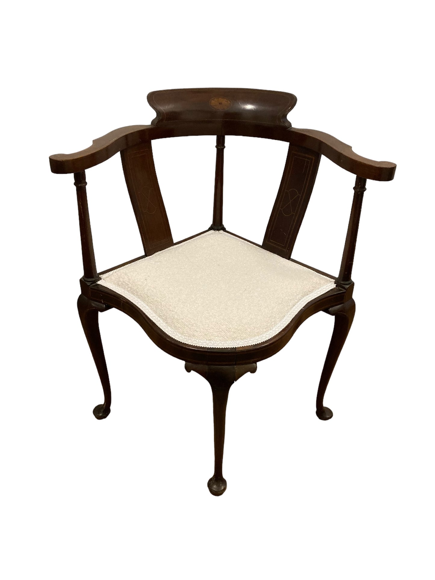 Edwardian Corner Chair Inlaid Backrest on Cabriole Legs and Reupholstered Boucle Fabric