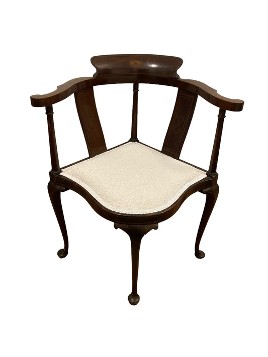 Edwardian Corner Chair Inlaid Backrest on Cabriole Legs and Reupholstered Boucle Fabric