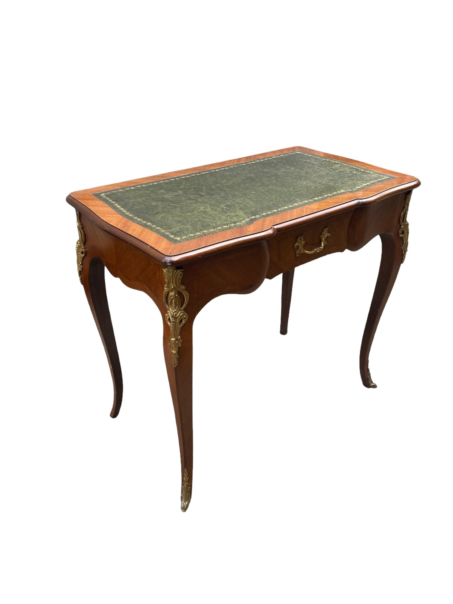 French Louis XV Style writing Desk green leather covered top ornate brass moldings single drawer.