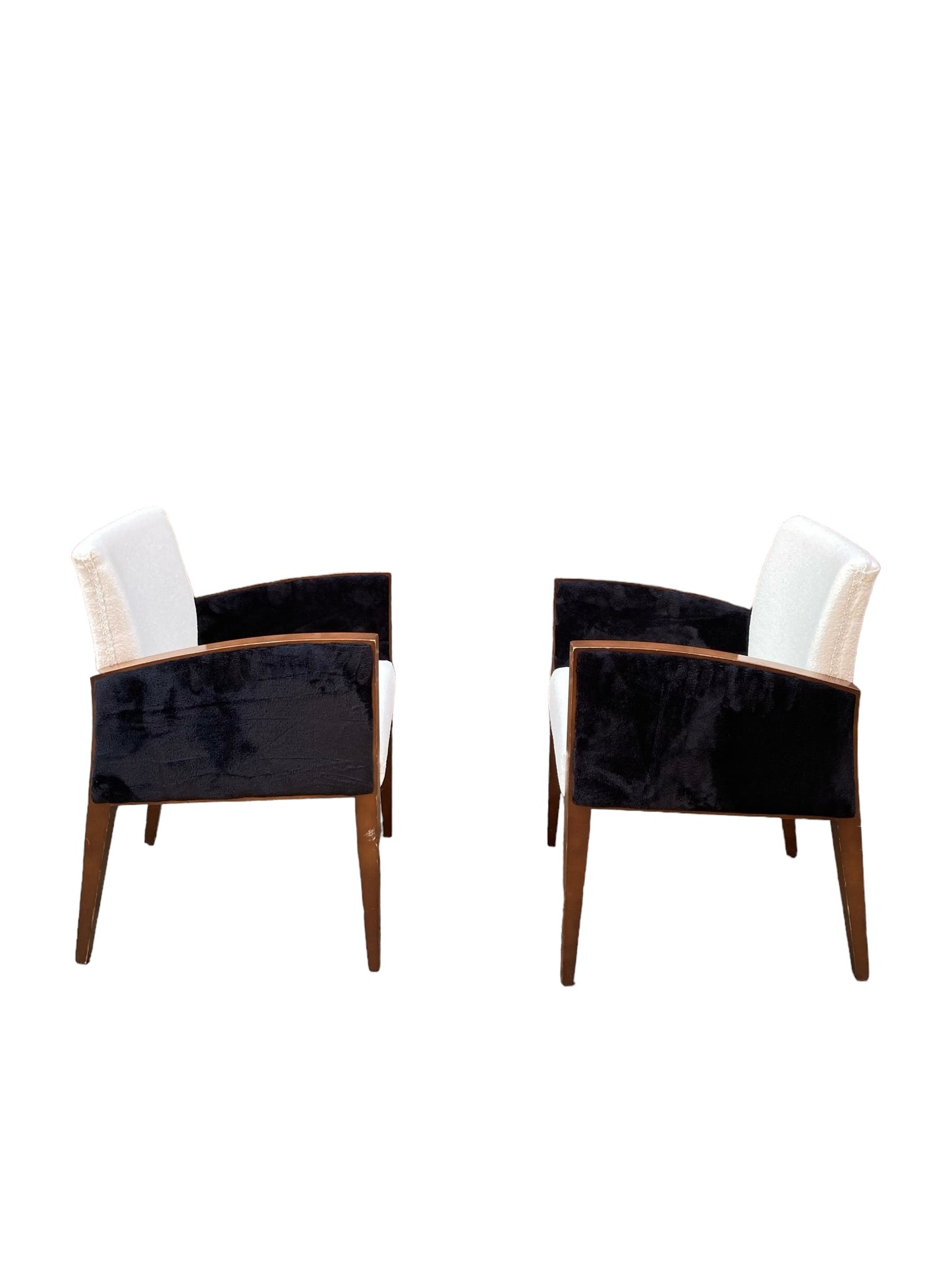 Two Art Deco Style Armchairs, White Boucle, Black Velvet Sides, Original Mahogany Frames