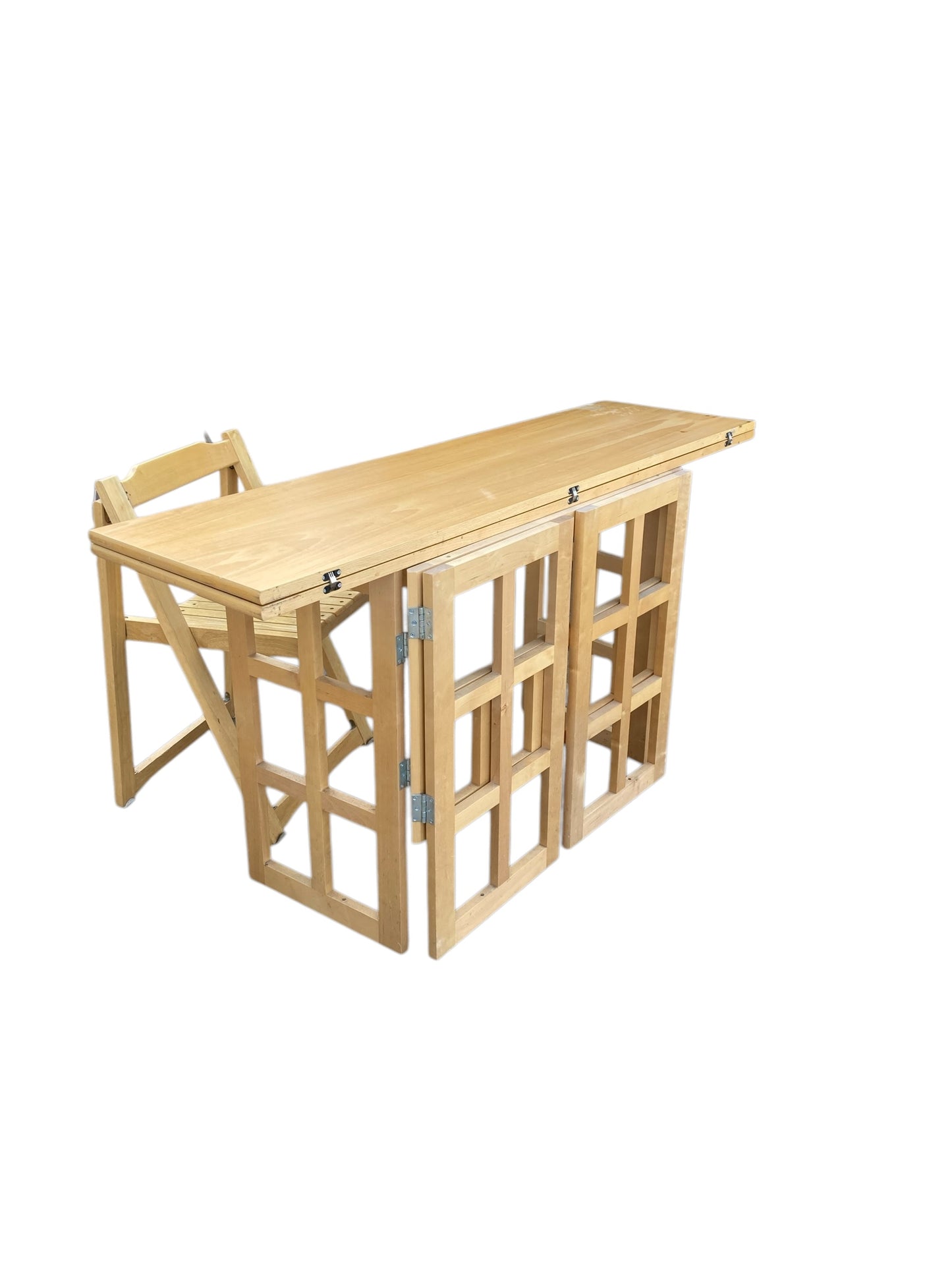 A Contemporary Folding Beechwood Desk with Two Drawers and two Folding Chairs