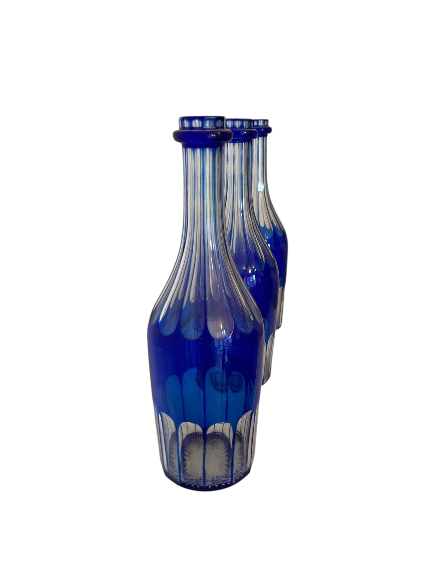 Three 19th Century Cobalt Blue Glass Decanters or Serving Bottles c1860