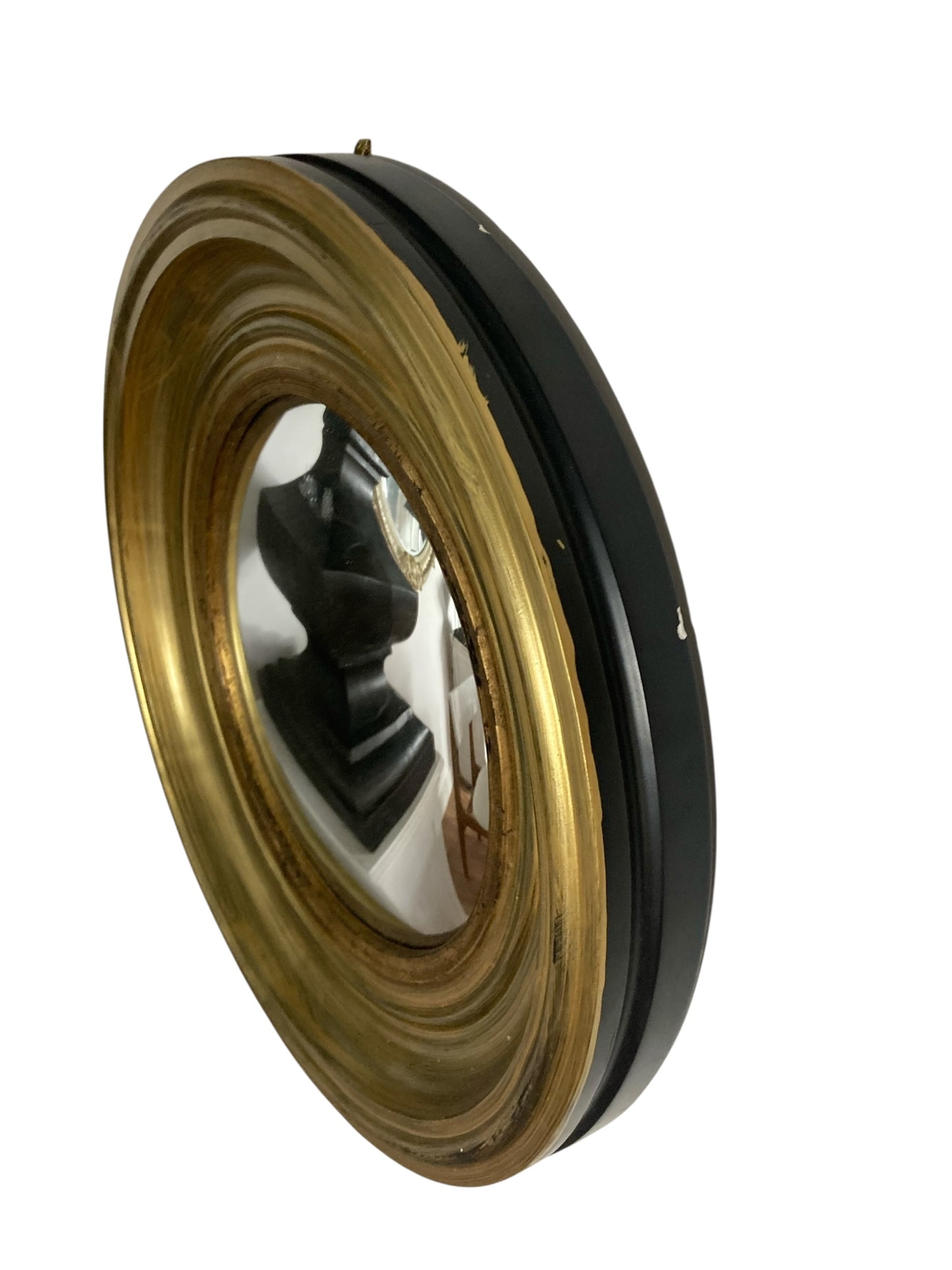 A Pair of Modern Regency Style Gold Circular Convex Mirrors with ebonsied Rim