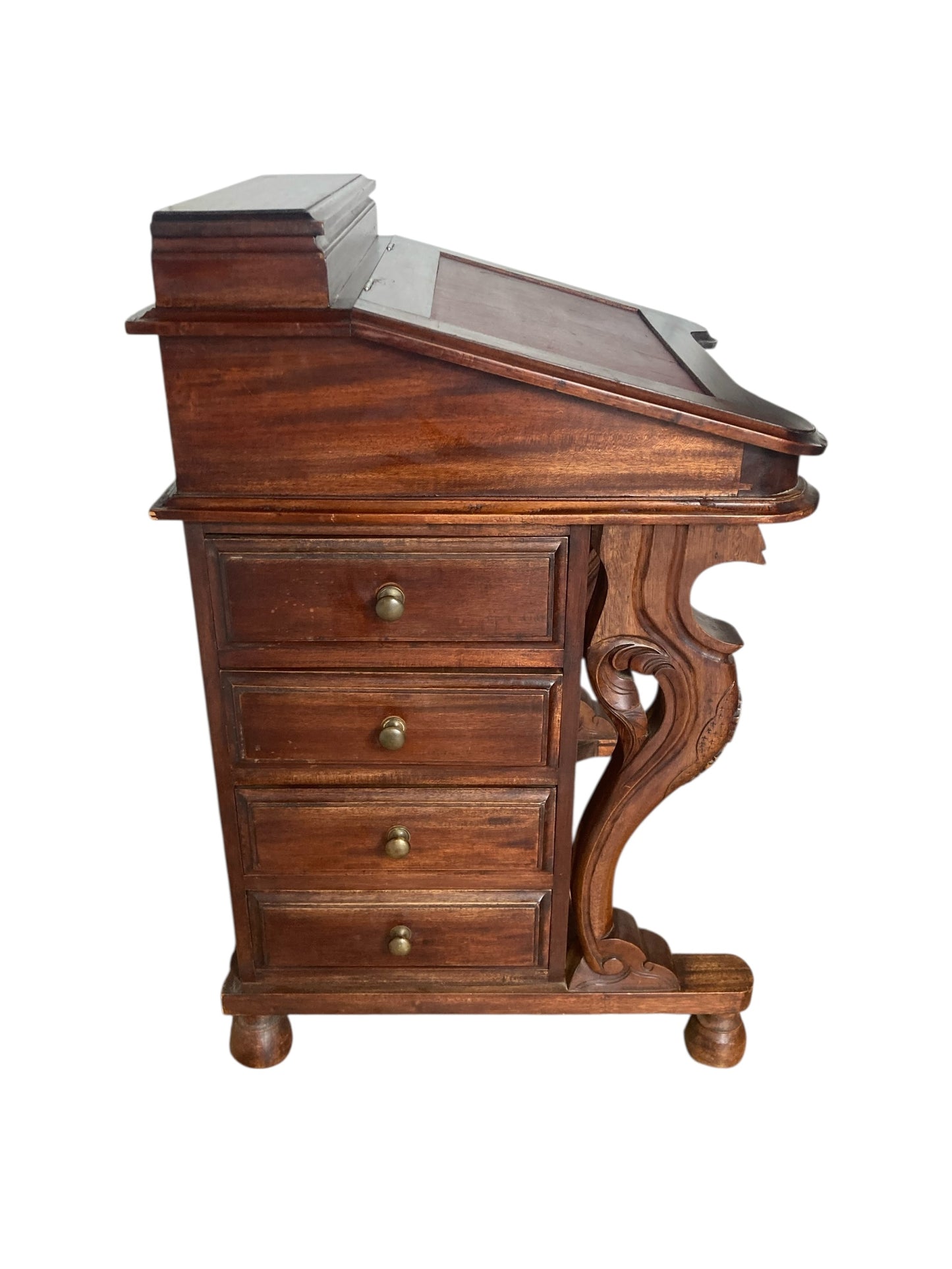 Mahogany Davenport Desk or Bureau With Faux Red Leather Sloped Writing area.