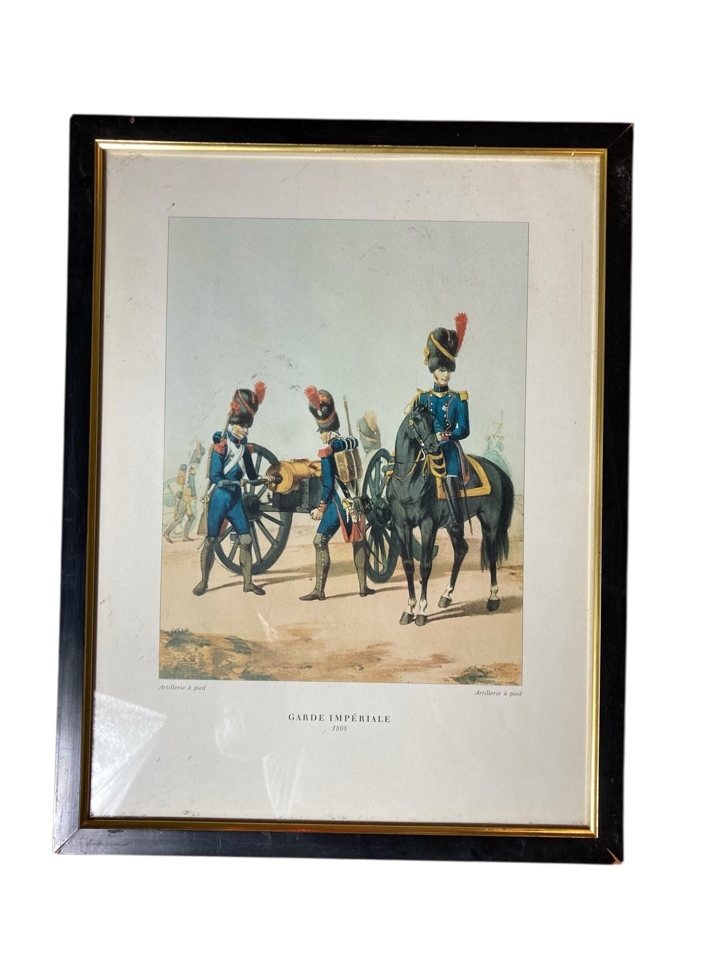 Framed print is a 20th-century reproduction of a 19th-century military illustration titled "Garde Impériale, Artillerie à pied"